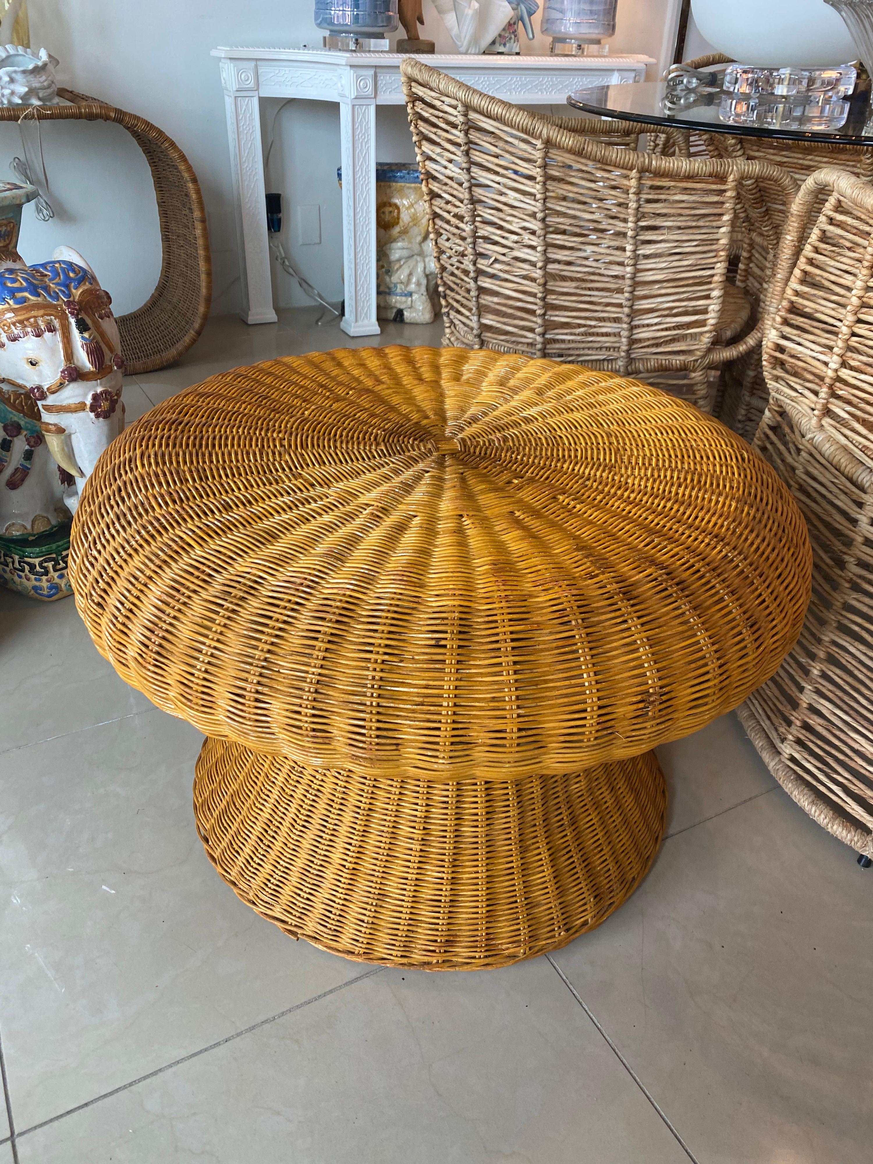 Hollywood Regency Vintage Wicker Mushroom Shape Coffee Cocktail Table For Sale