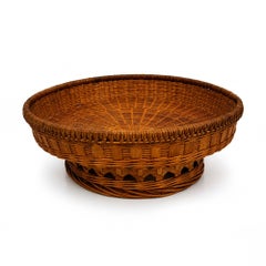 Vintage Wicker Pedestal Basket, Openwork Gallery, Honey-Brown, 1960