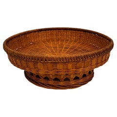 Vintage Wicker Pedestal Basket, Openwork Gallery, Honey-Brown, 1960