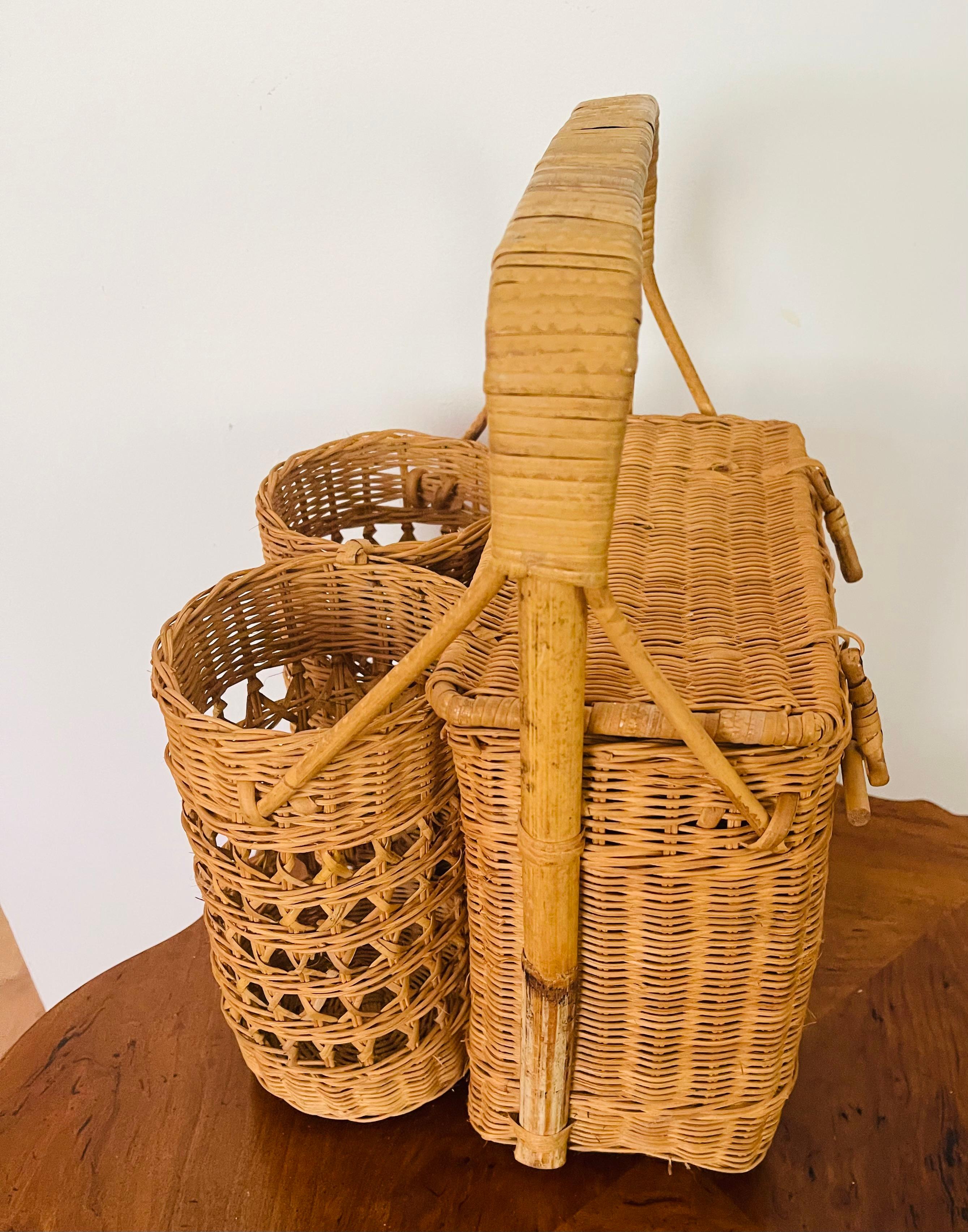 Organic Modern Vintage Wicker Picnic Basket with Bottle Space For Sale