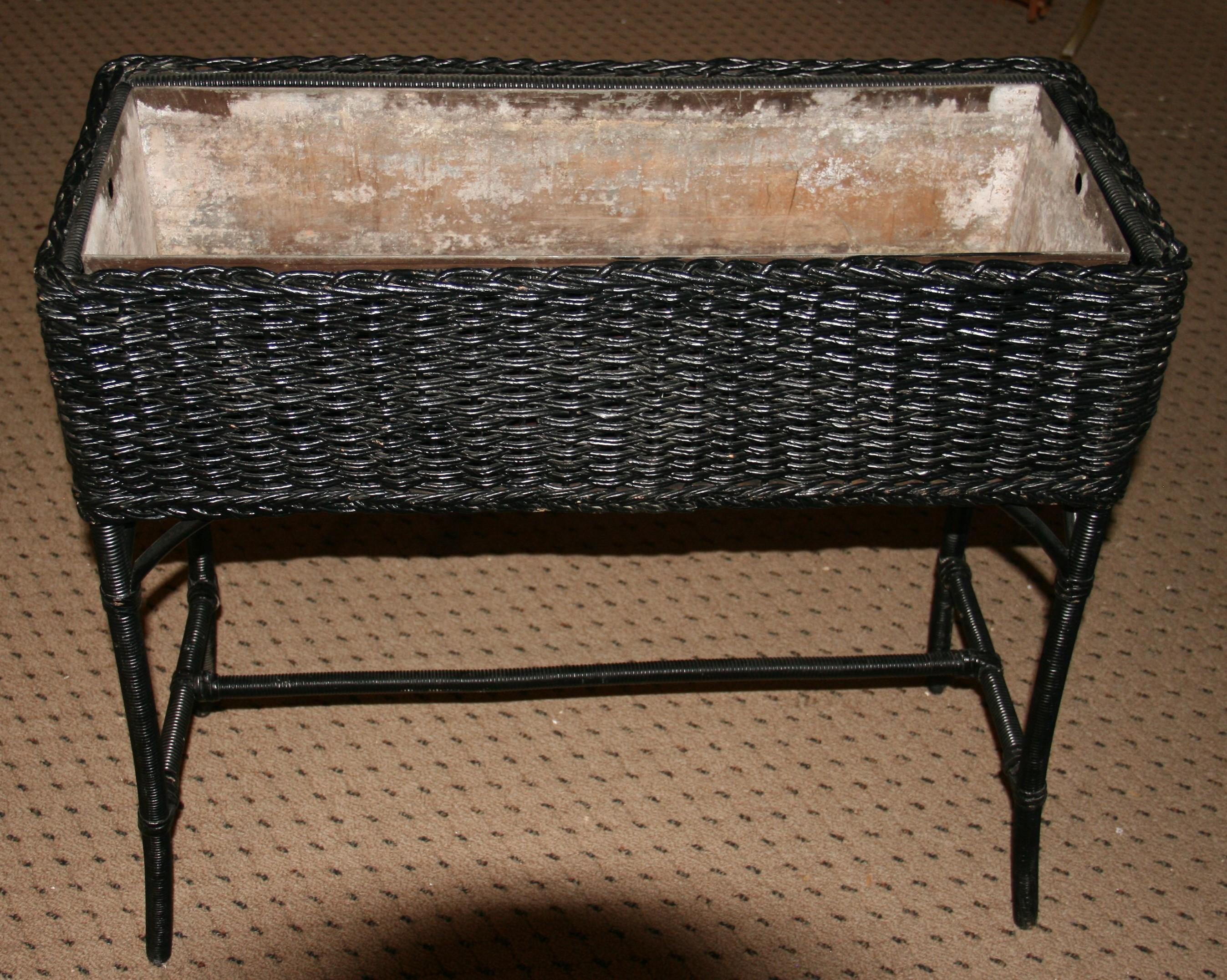 Hand-Carved Vintage Wicker Plant Holder with Metal Liner For Sale