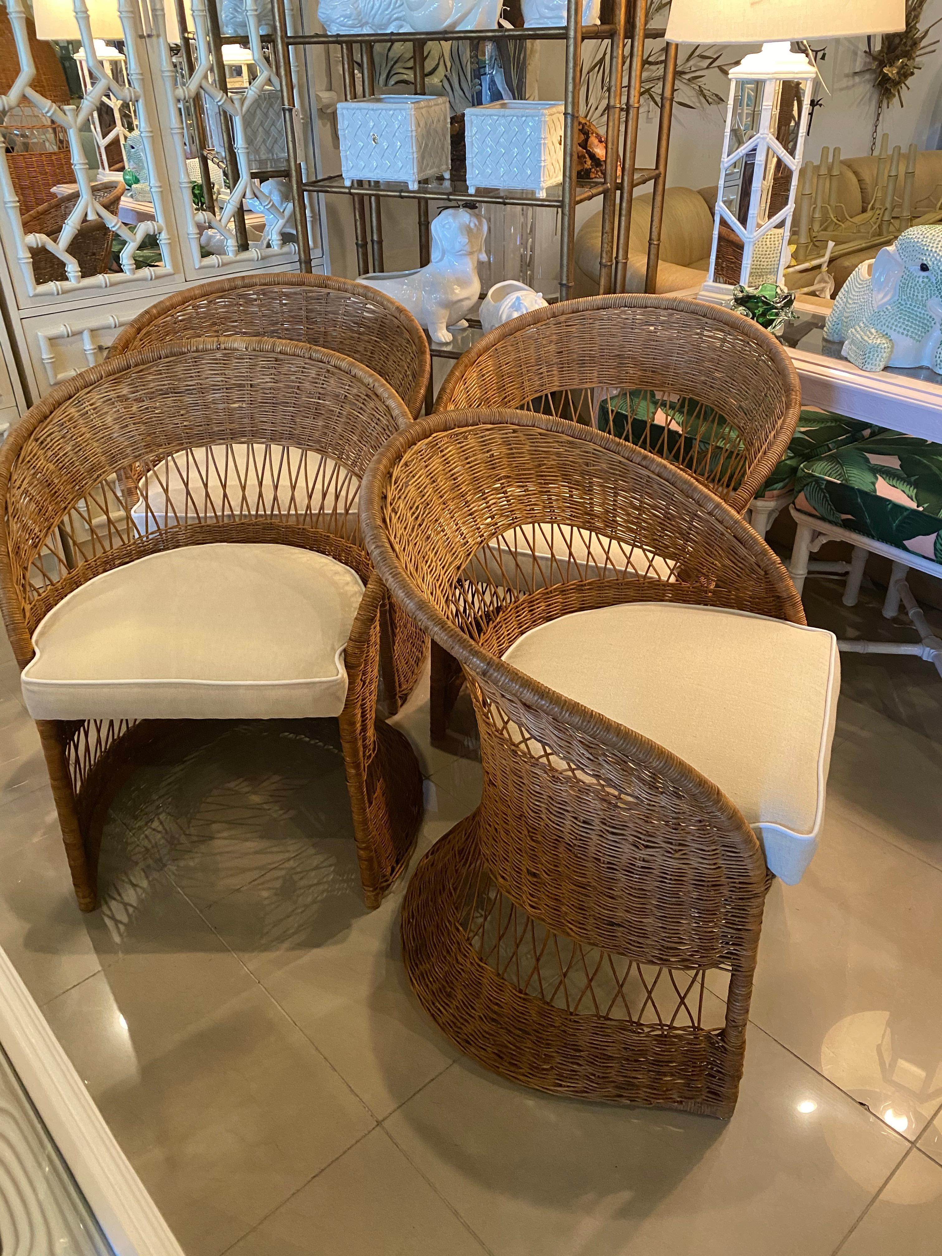 Vintage Wicker and Rattan 5-Piece Dining Table Set and Four Chairs Upholstered 2
