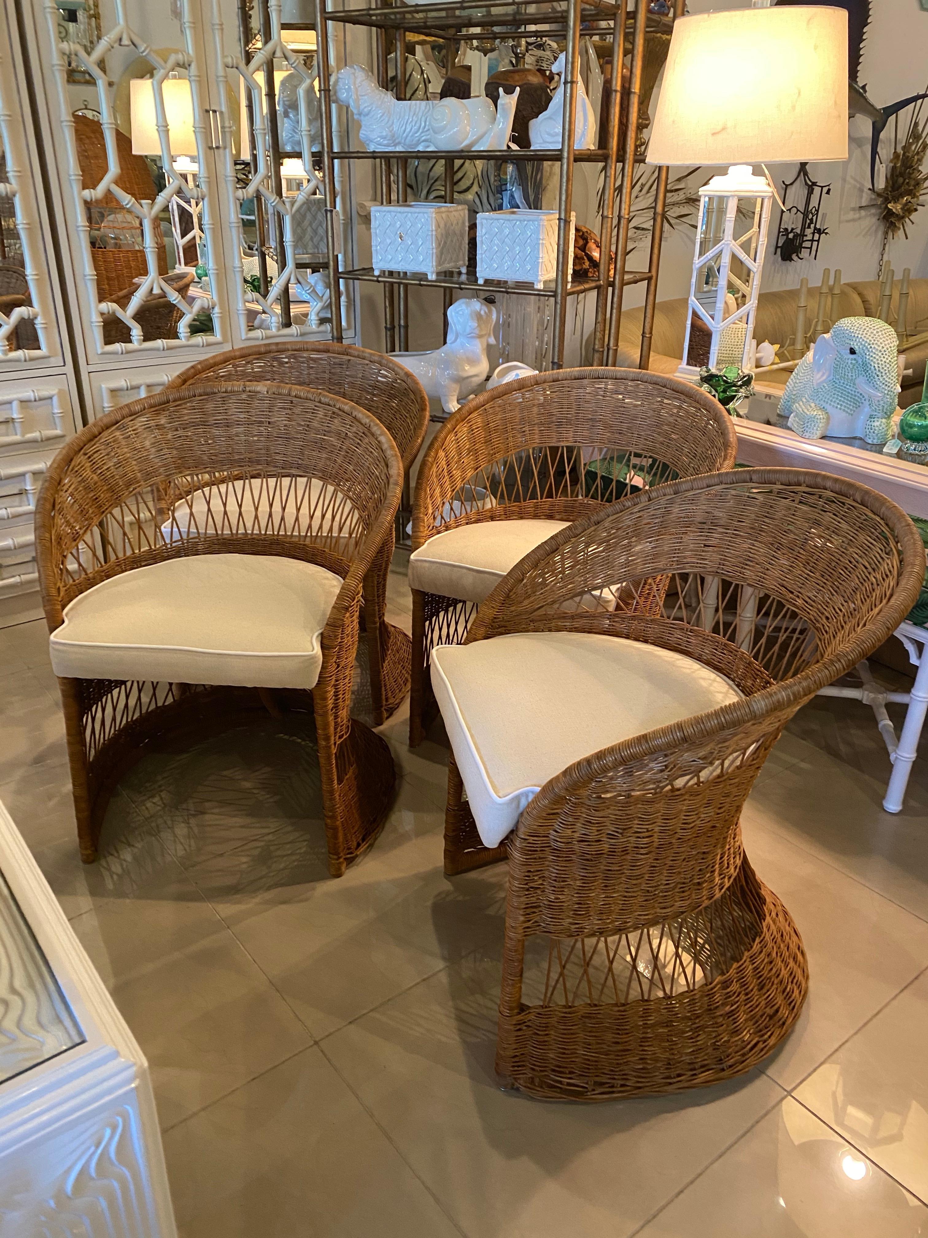 Vintage Wicker and Rattan 5-Piece Dining Table Set and Four Chairs Upholstered In Good Condition In West Palm Beach, FL