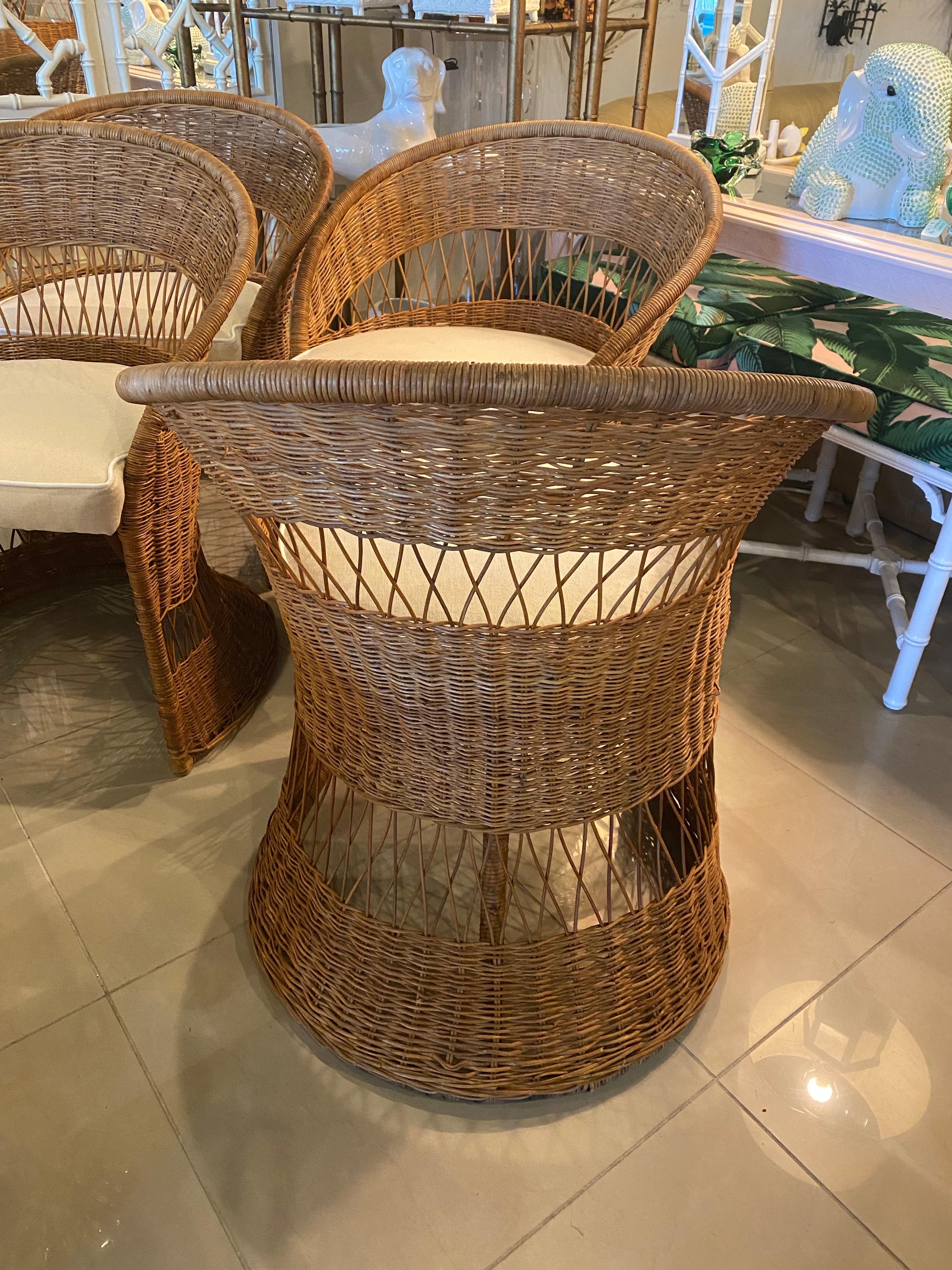 Late 20th Century Vintage Wicker and Rattan 5-Piece Dining Table Set and Four Chairs Upholstered