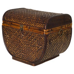 Vintage Wicker Rattan and Wood Lidded Basket, Rustic French Country Style
