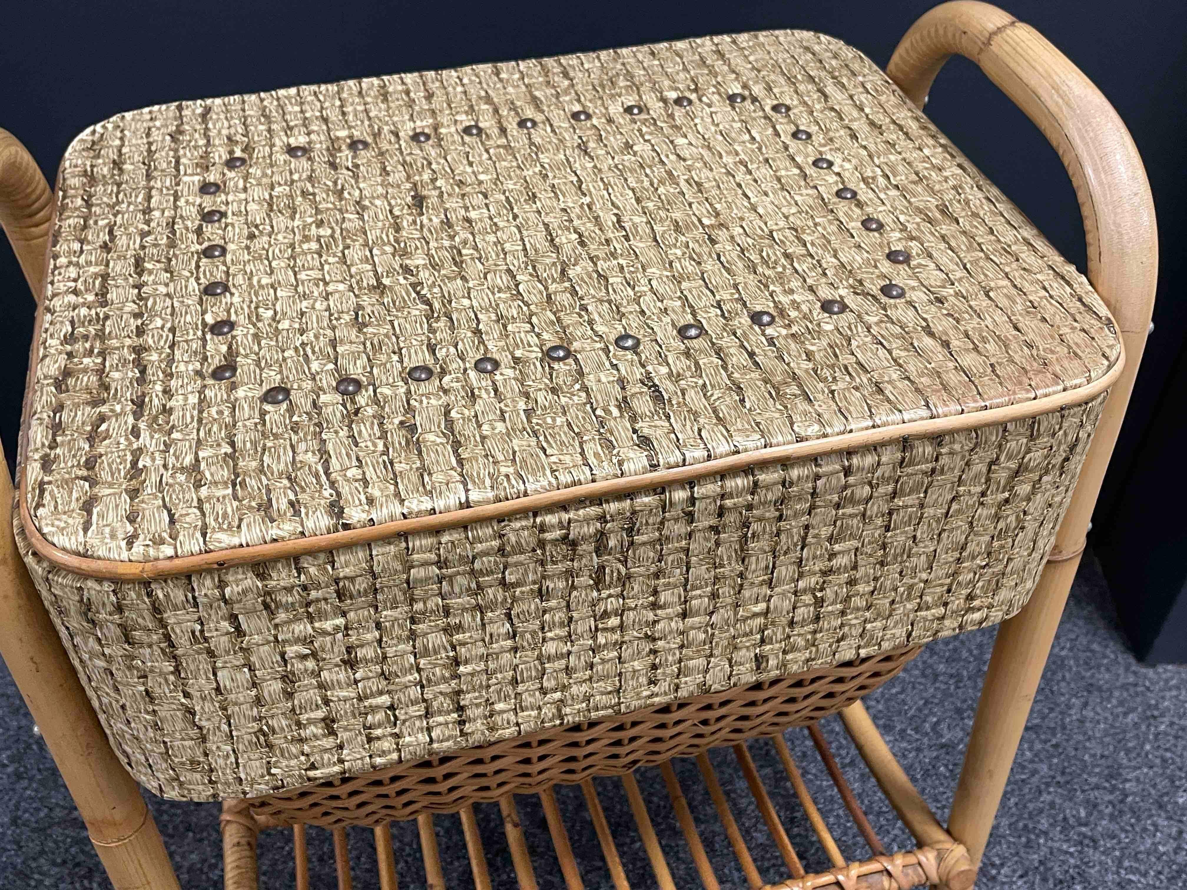 Vintage Wicker Rattan Bamboo Sewing Box on Rolls, 1960s, Italy 6
