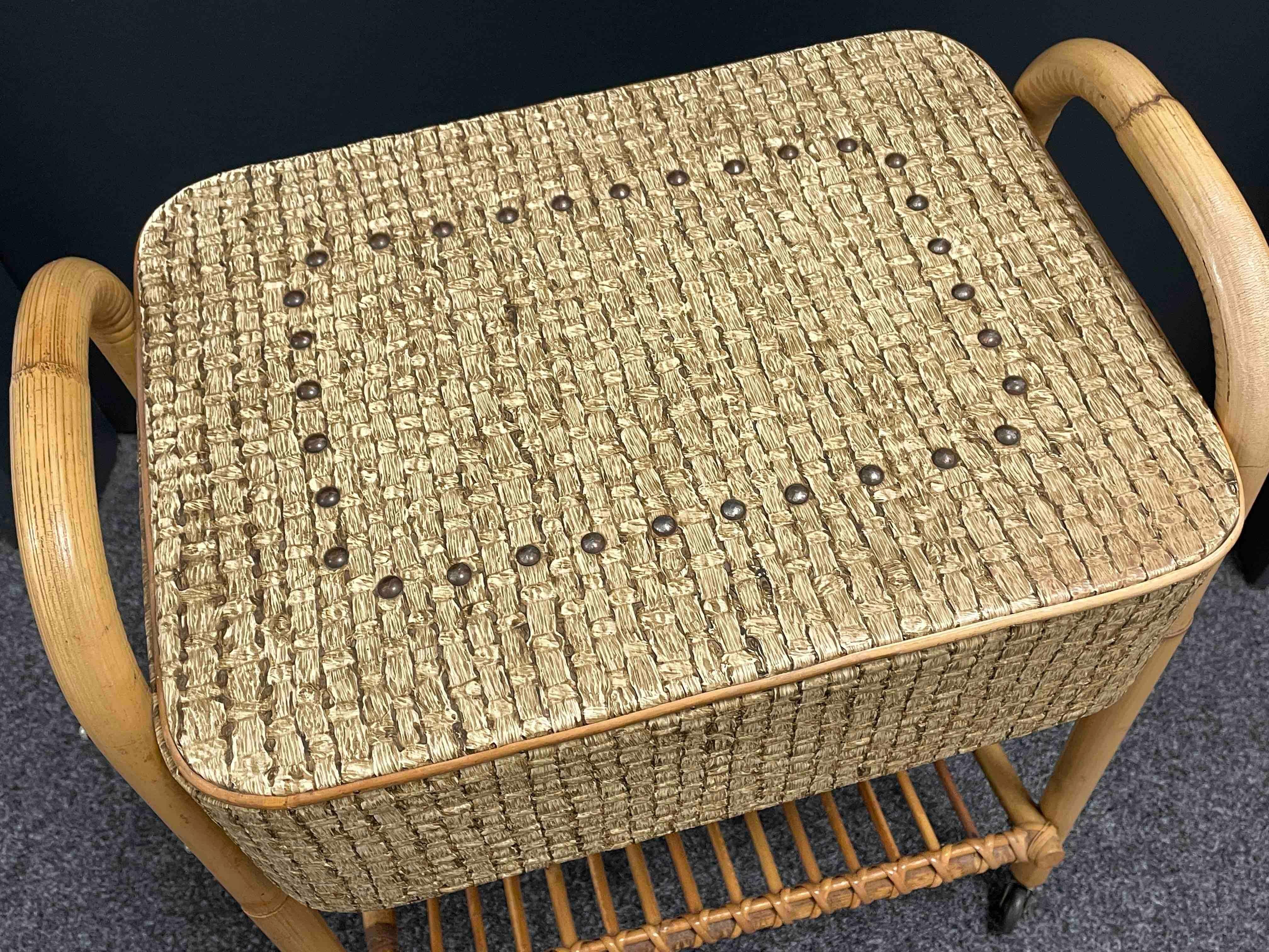 Vintage Wicker Rattan Bamboo Sewing Box on Rolls, 1960s, Italy 7