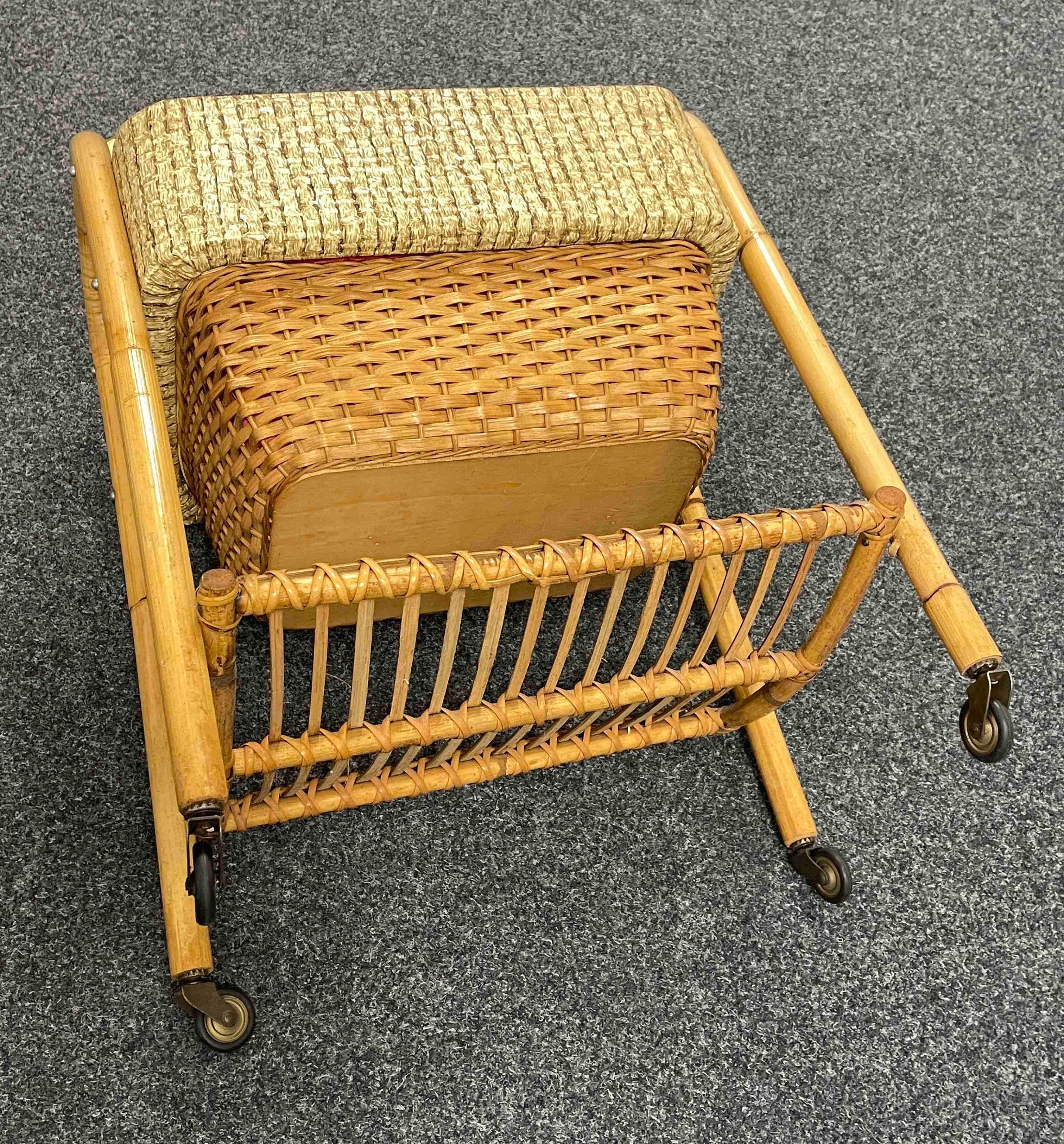 Vintage Wicker Rattan Bamboo Sewing Box on Rolls, 1960s, Italy 10