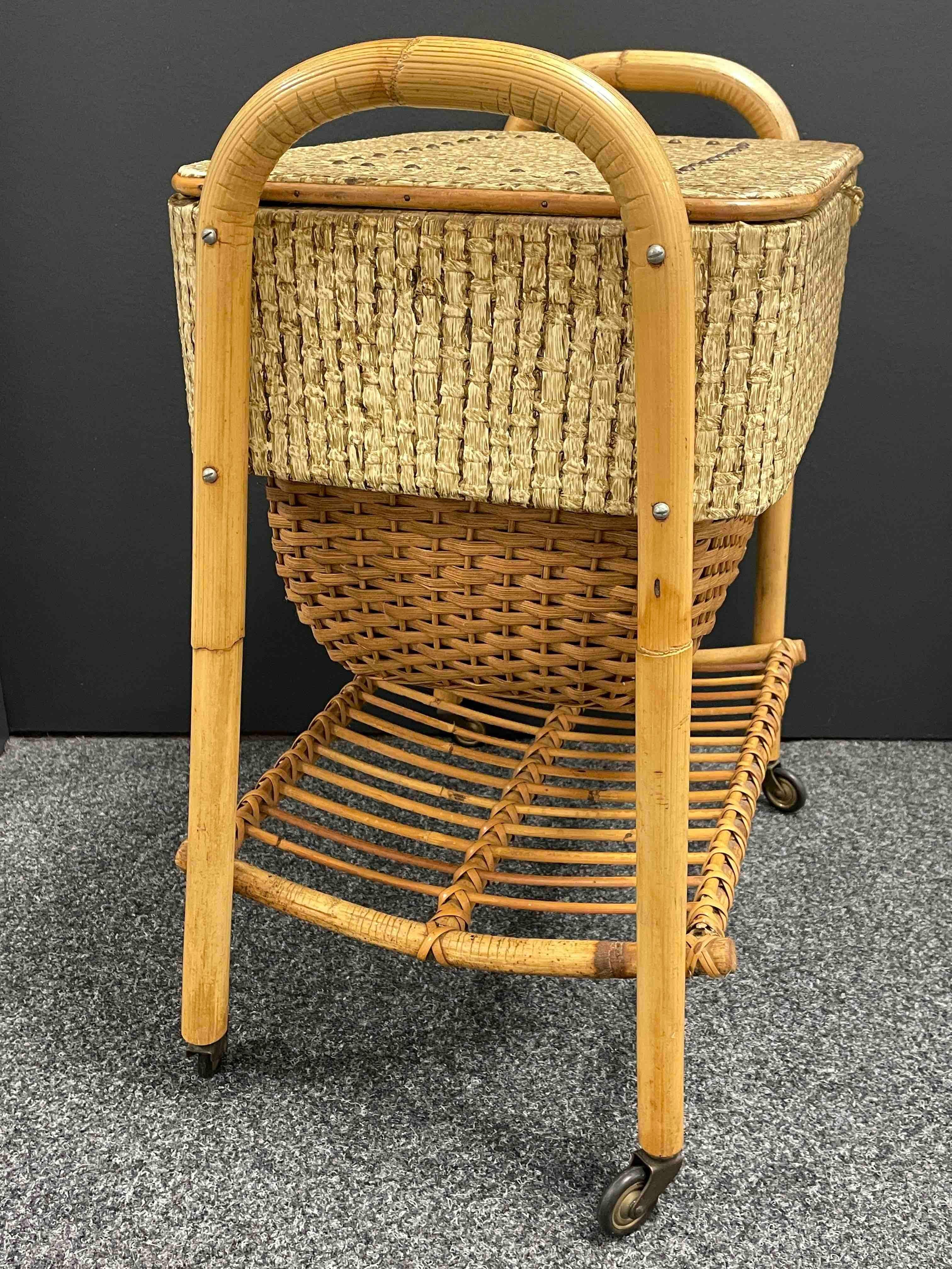 Mid-Century Modern Vintage Wicker Rattan Bamboo Sewing Box on Rolls, 1960s, Italy