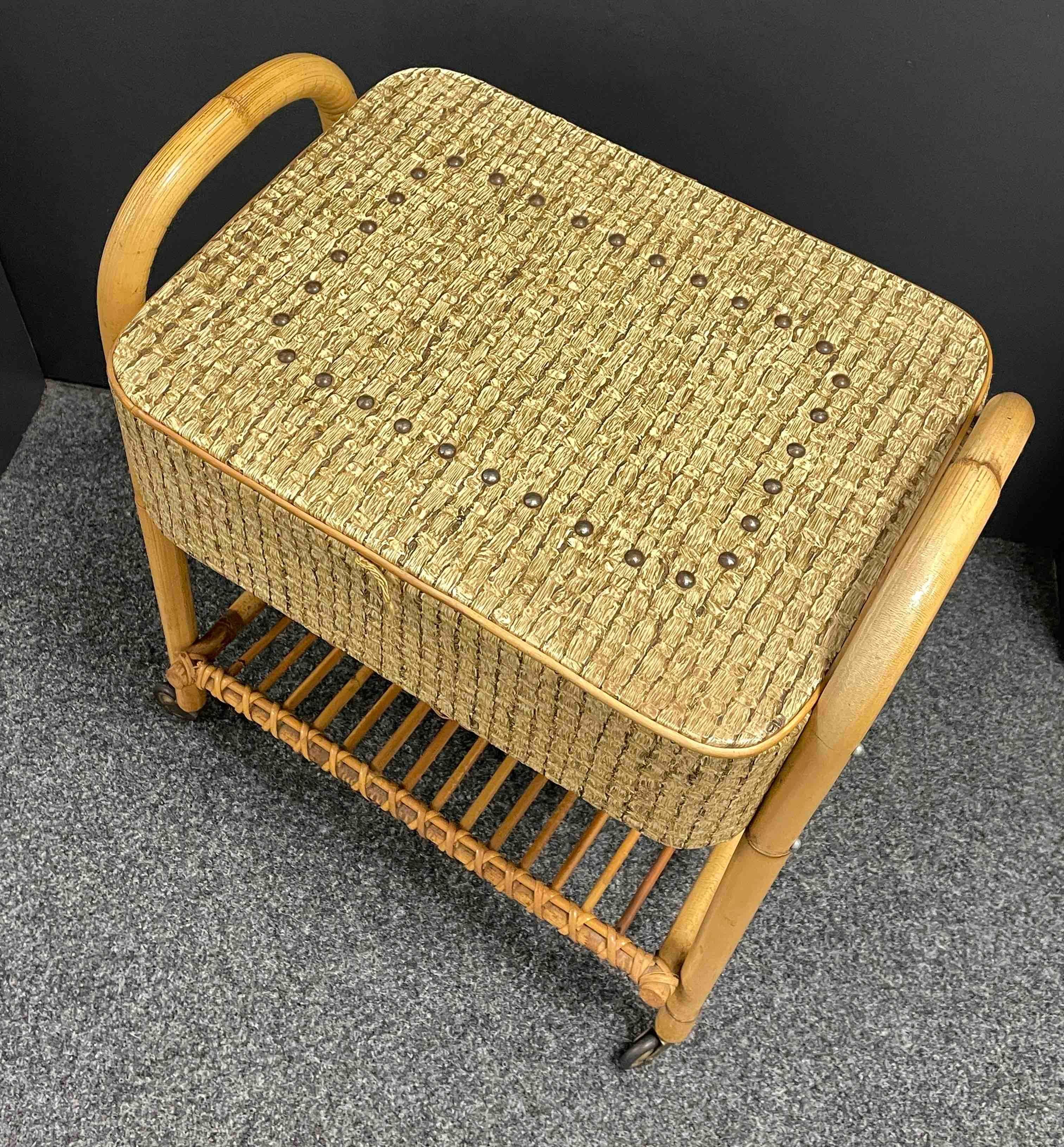 Mid-20th Century Vintage Wicker Rattan Bamboo Sewing Box on Rolls, 1960s, Italy