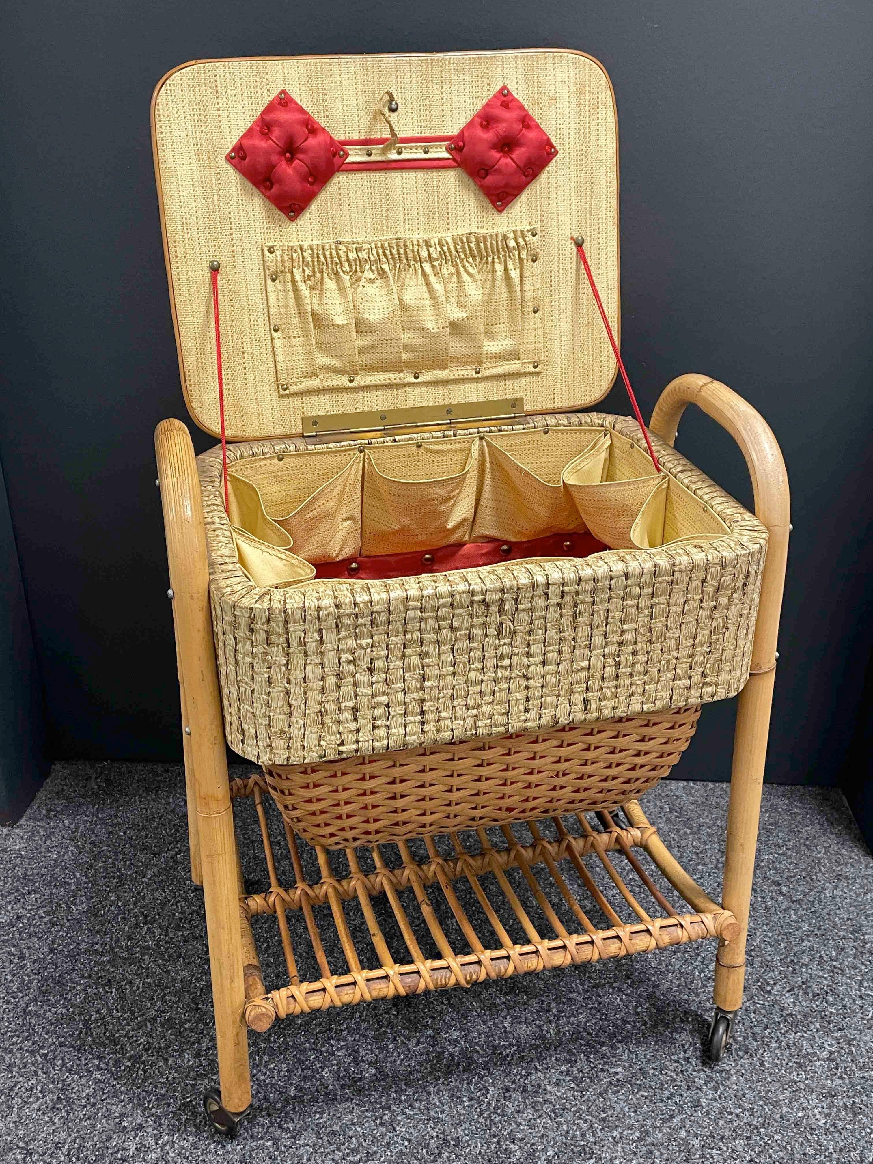 Fabric Vintage Wicker Rattan Bamboo Sewing Box on Rolls, 1960s, Italy