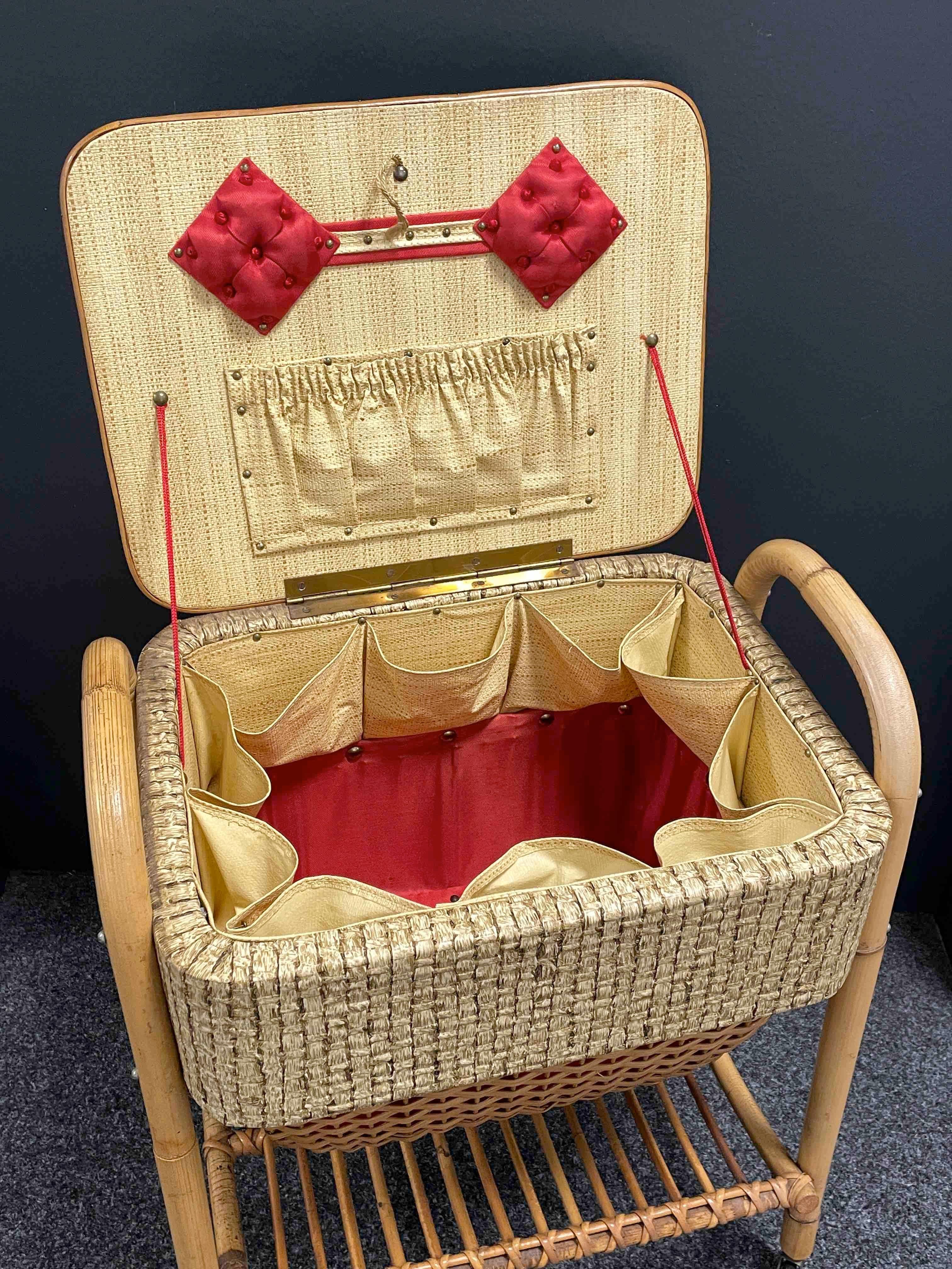 Vintage Wicker Rattan Bamboo Sewing Box on Rolls, 1960s, Italy 1