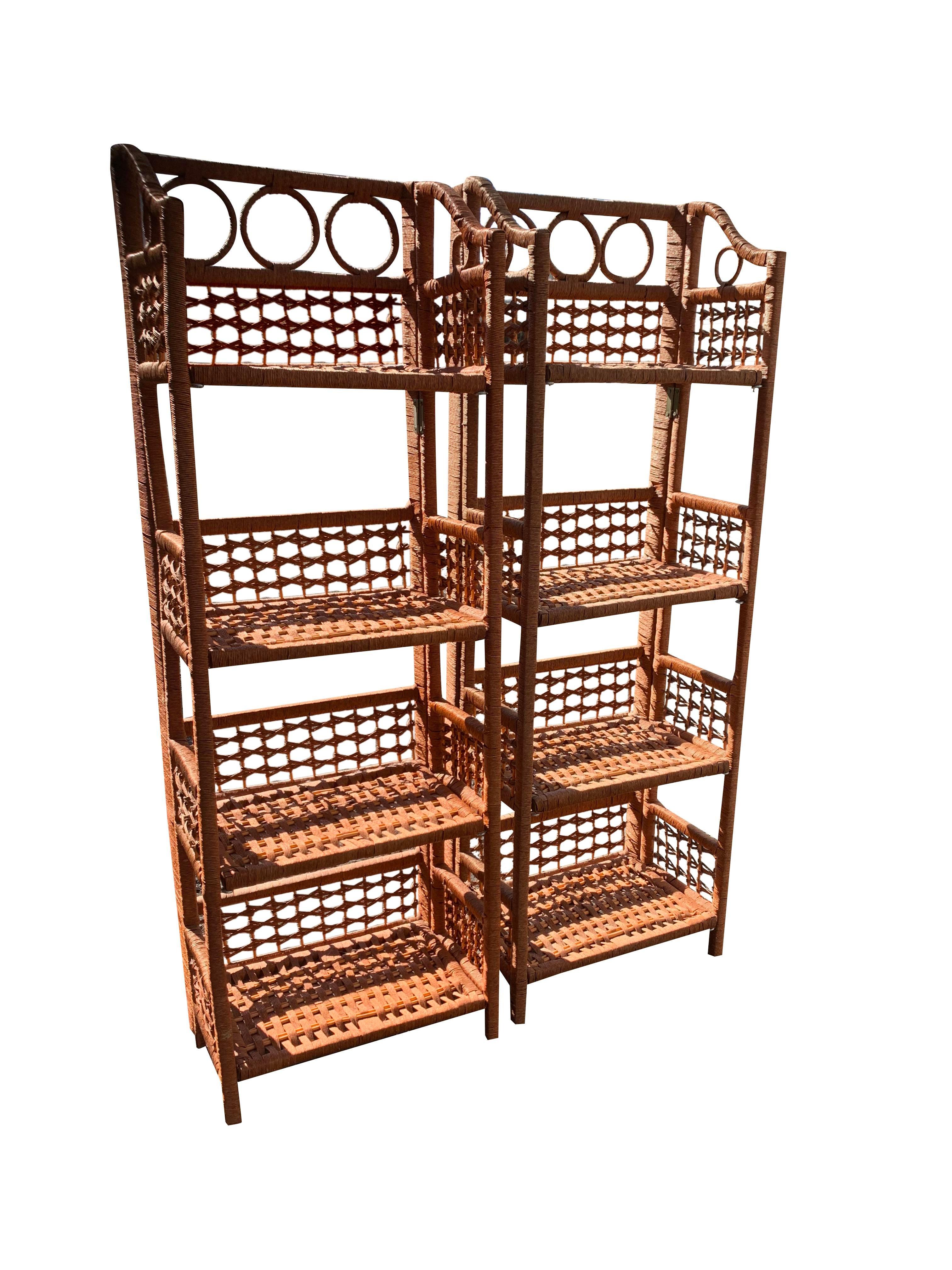 Modern Vintage Wicker Rattan Folding Free Standing Storage Shelves - a Pair