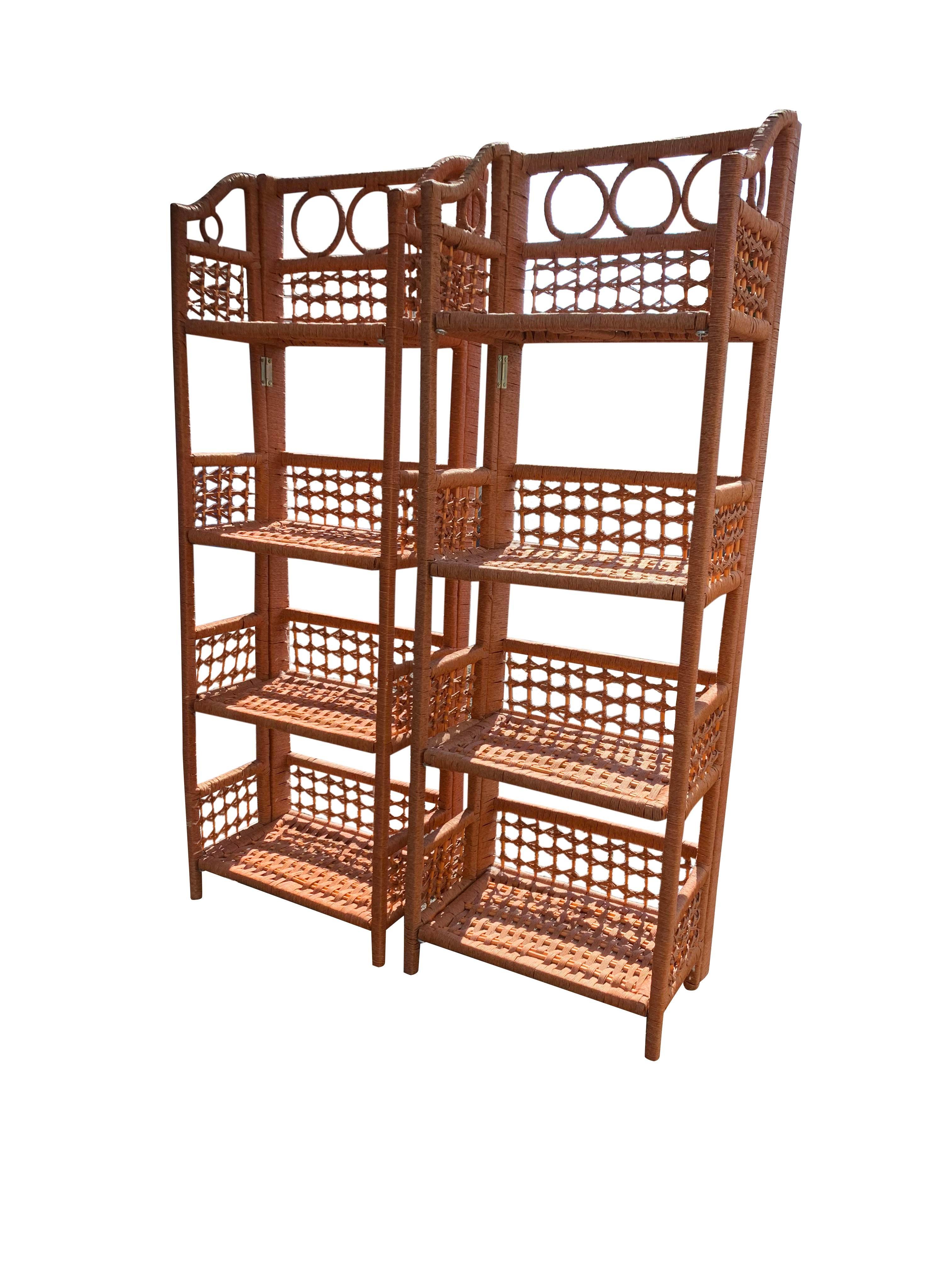 Vintage Wicker Rattan Folding Free Standing Storage Shelves - a Pair In Good Condition In Saddle River, NJ