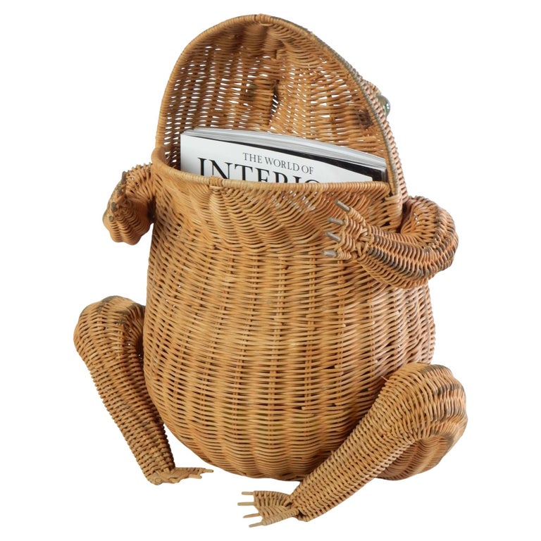 Vintage Wicker Rattan Frog Basket Magazine Holder For Sale at 1stDibs