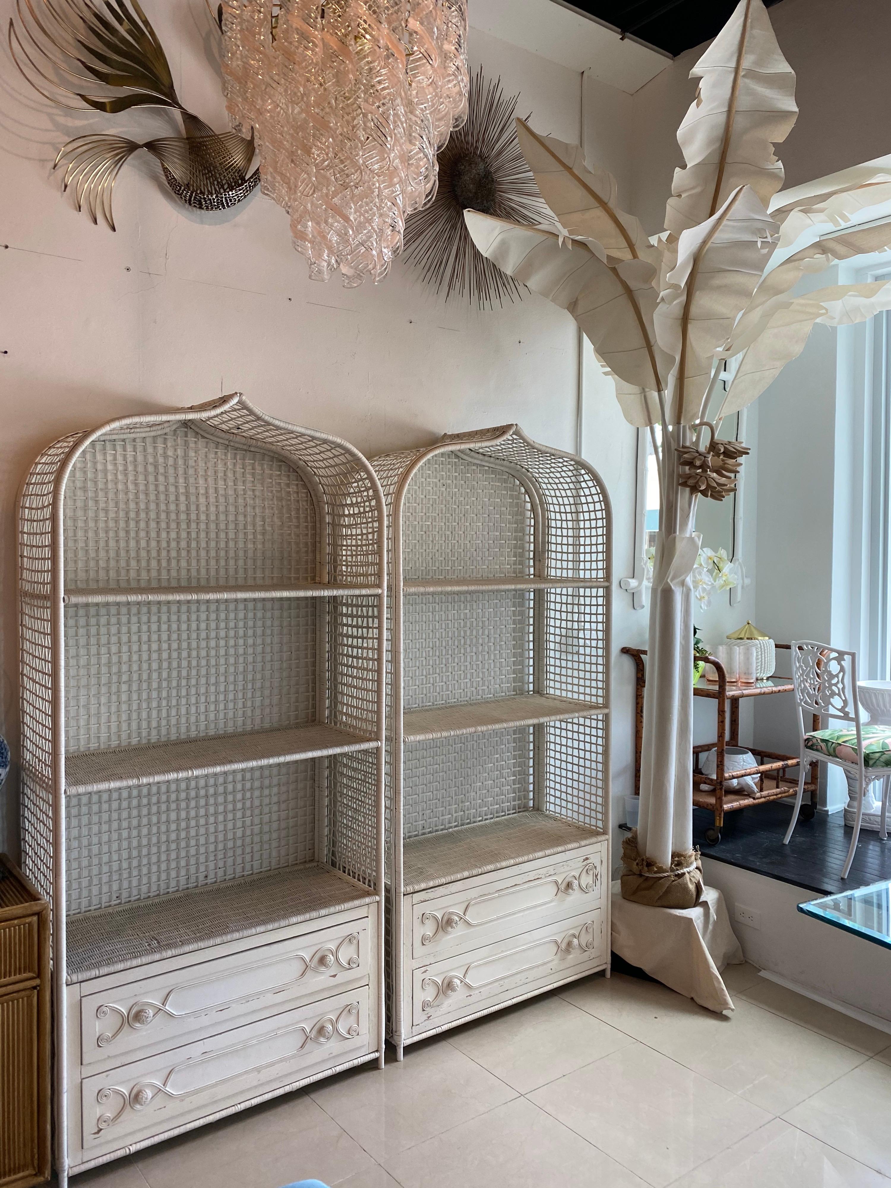 Vintage Wicker Rattan White Pagoda Moroccan Top Pair Etageres Shelves & Drawers 4