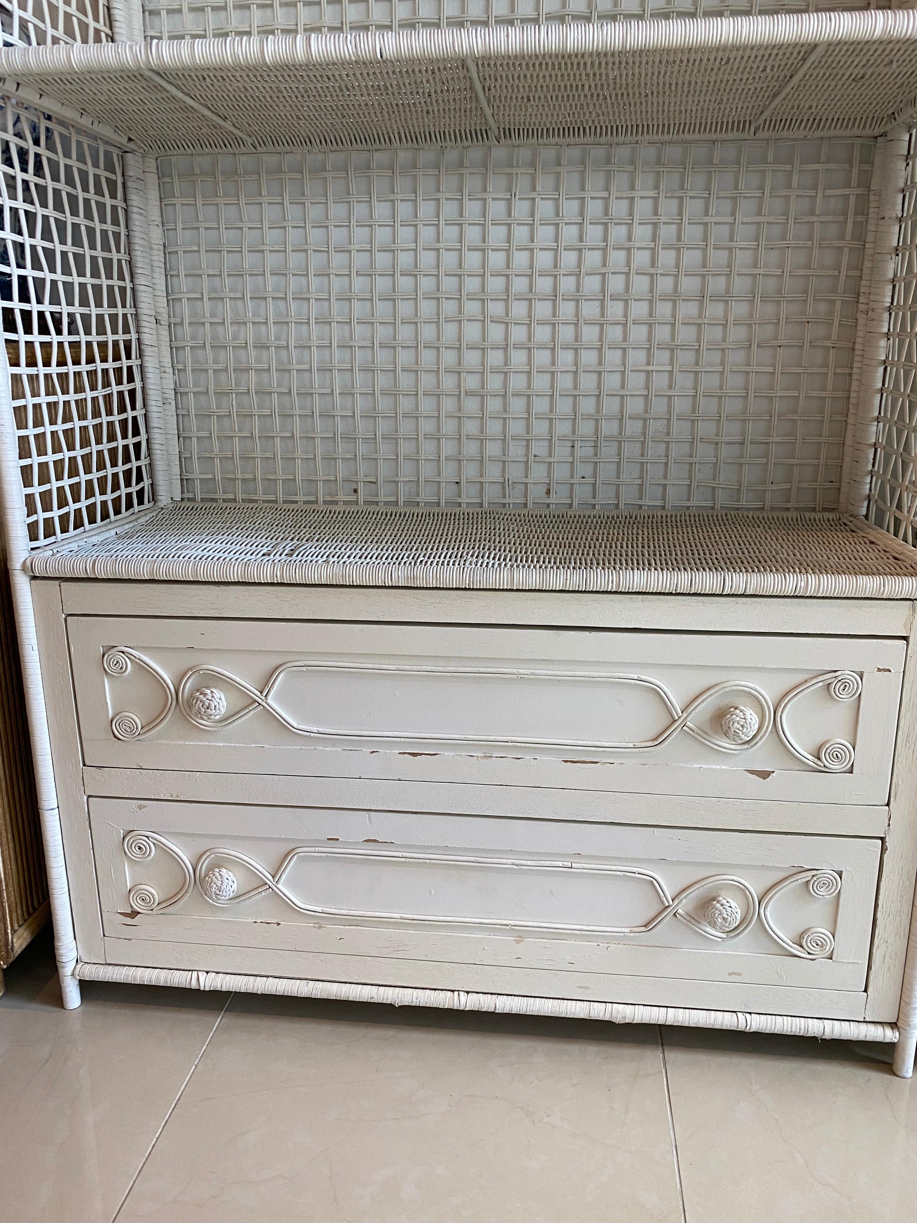 Vintage Wicker Rattan White Pagoda Moroccan Top Pair Etageres Shelves & Drawers 5