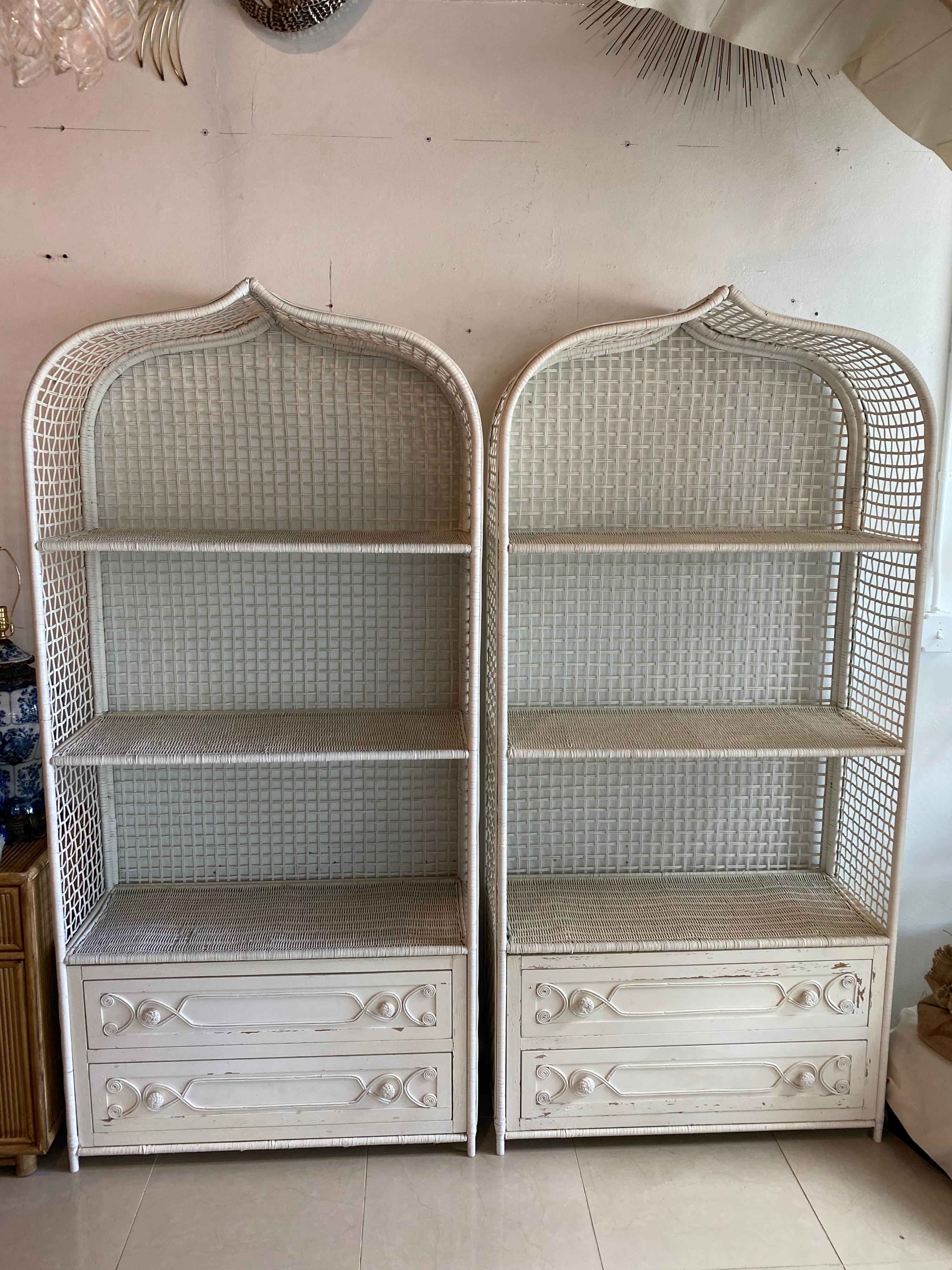 Vintage Wicker Rattan White Pagoda Moroccan Top Pair Etageres Shelves & Drawers 6
