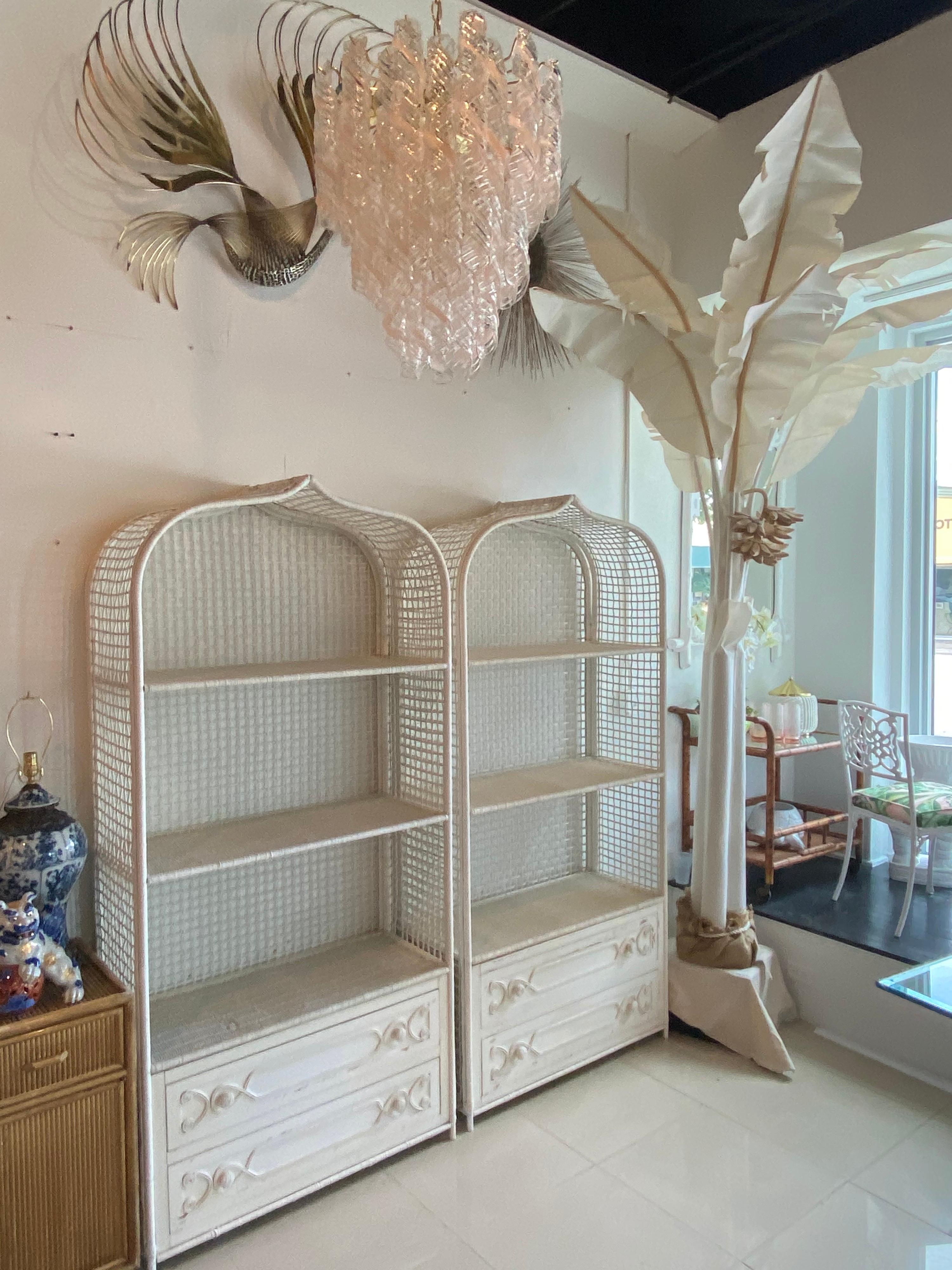 Vintage Wicker Rattan White Pagoda Moroccan Top Pair Etageres Shelves & Drawers 7