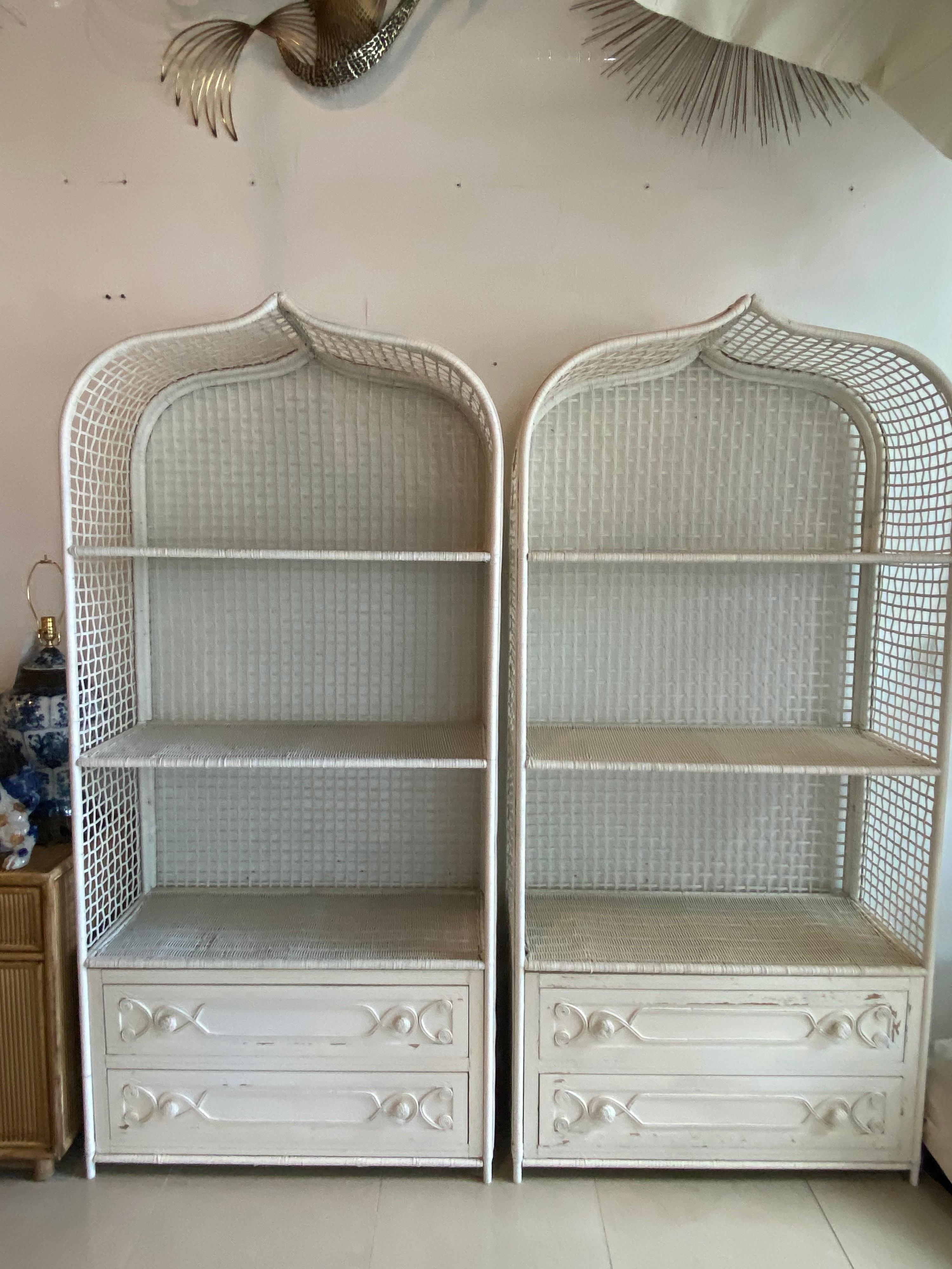 Vintage Wicker Rattan White Pagoda Moroccan Top Pair Etageres Shelves & Drawers 9