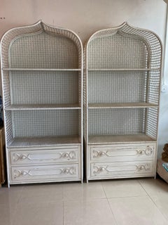 Vintage Wicker Rattan White Pagoda Moroccan Top Pair Etageres Shelves & Drawers
