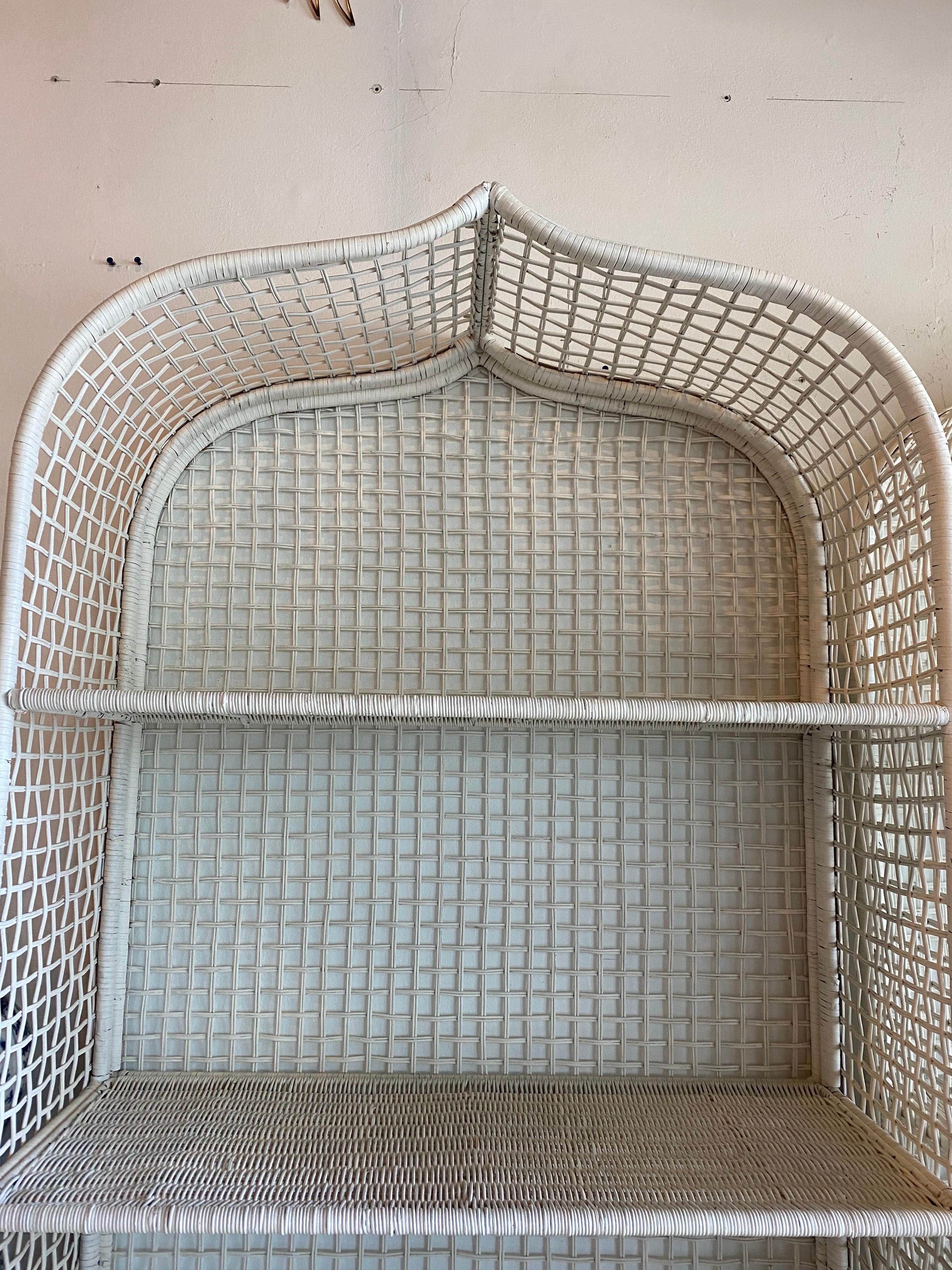 Hollywood Regency Vintage Wicker Rattan White Pagoda Moroccan Top Pair Etageres Shelves & Drawers