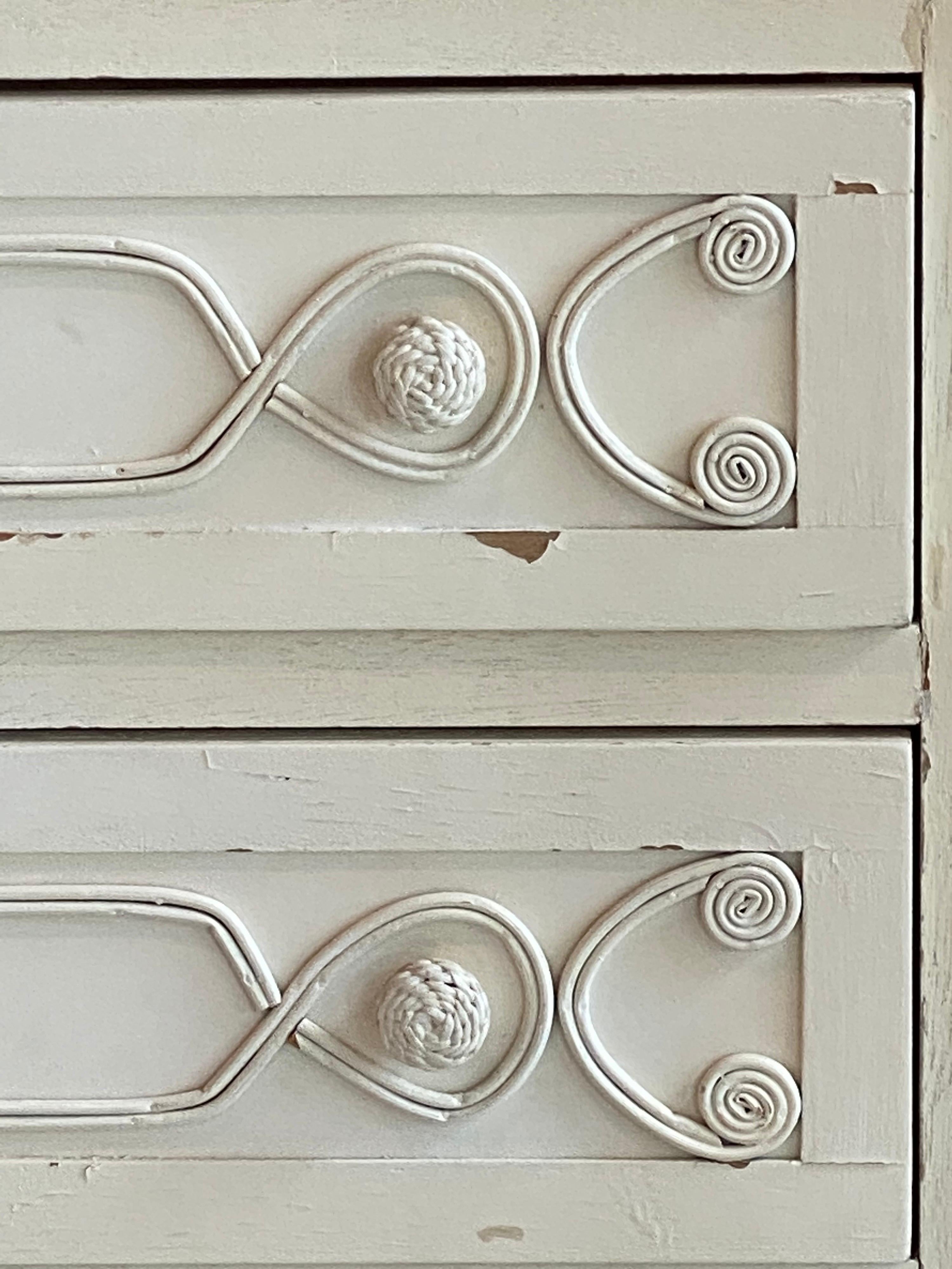 American Vintage Wicker Rattan White Pagoda Moroccan Top Pair Etageres Shelves & Drawers