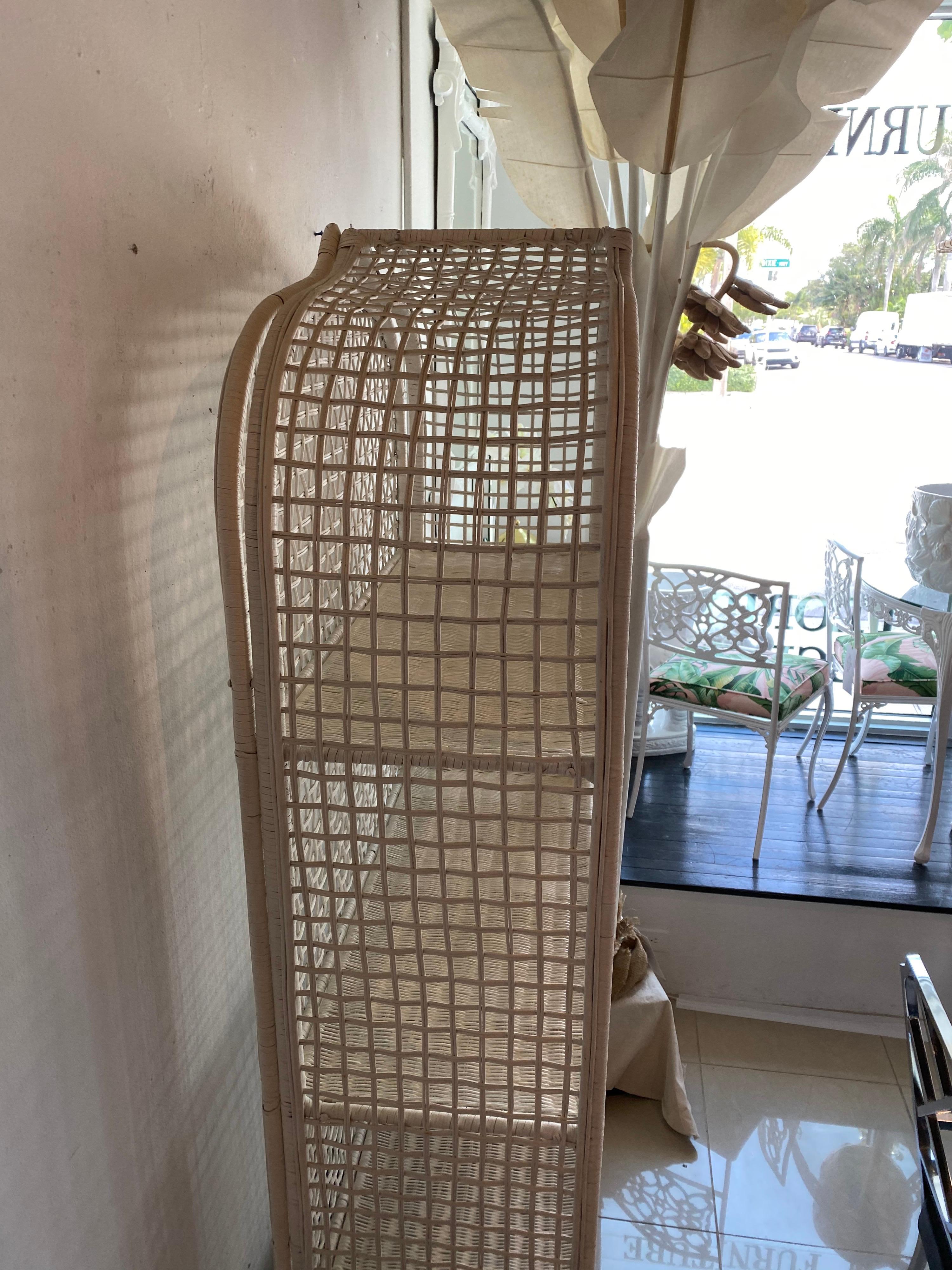 Vintage Wicker Rattan White Pagoda Moroccan Top Pair Etageres Shelves & Drawers In Good Condition In West Palm Beach, FL