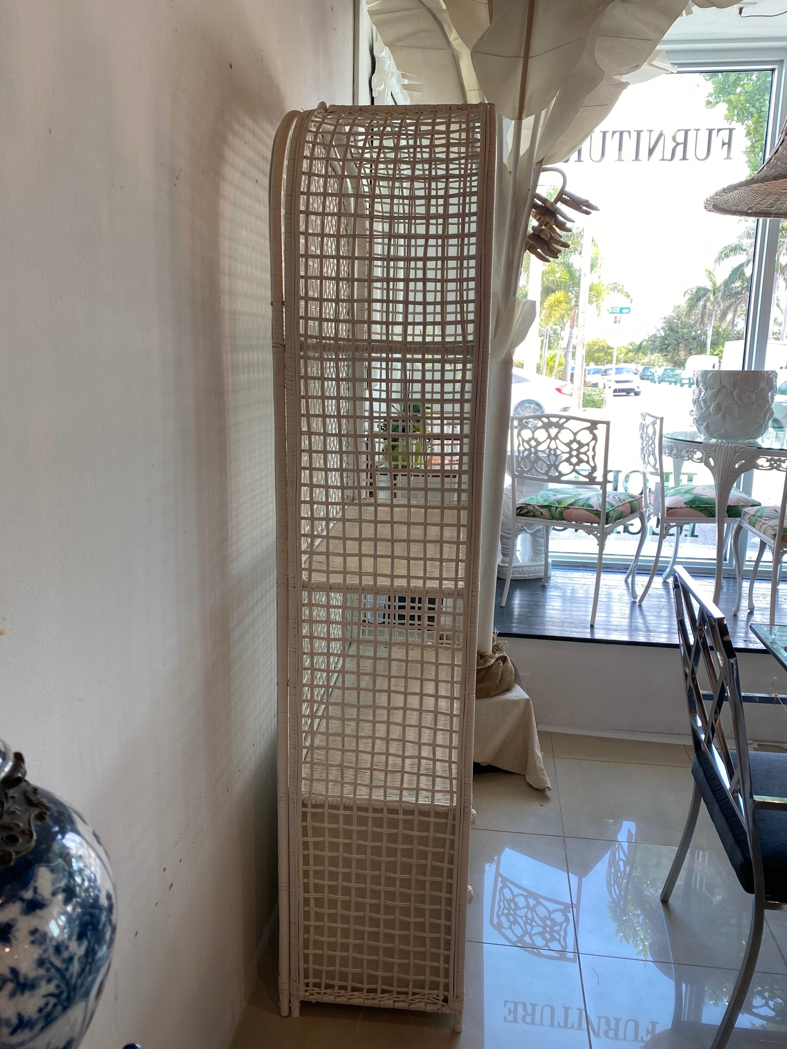Mid-20th Century Vintage Wicker Rattan White Pagoda Moroccan Top Pair Etageres Shelves & Drawers