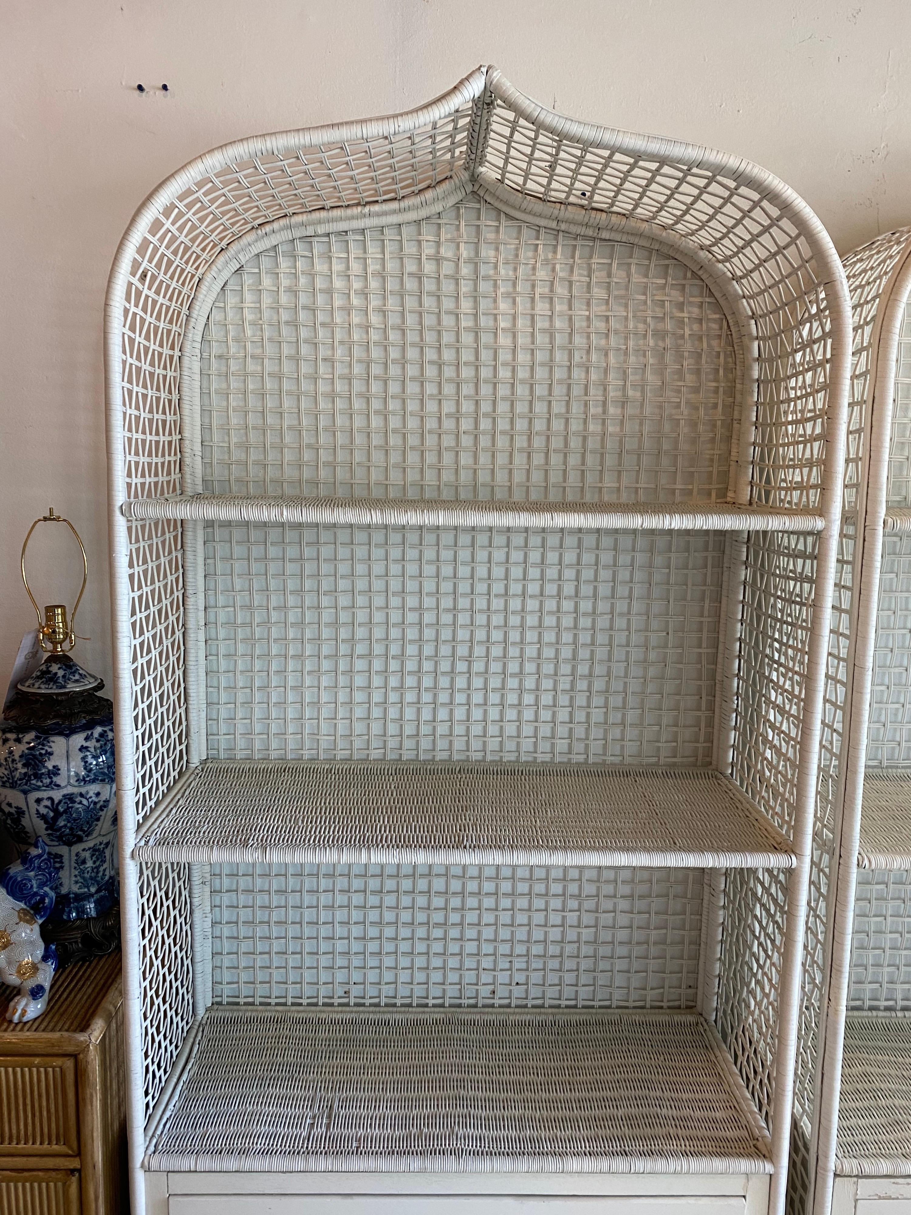 Vintage Wicker Rattan White Pagoda Moroccan Top Pair Etageres Shelves & Drawers 1