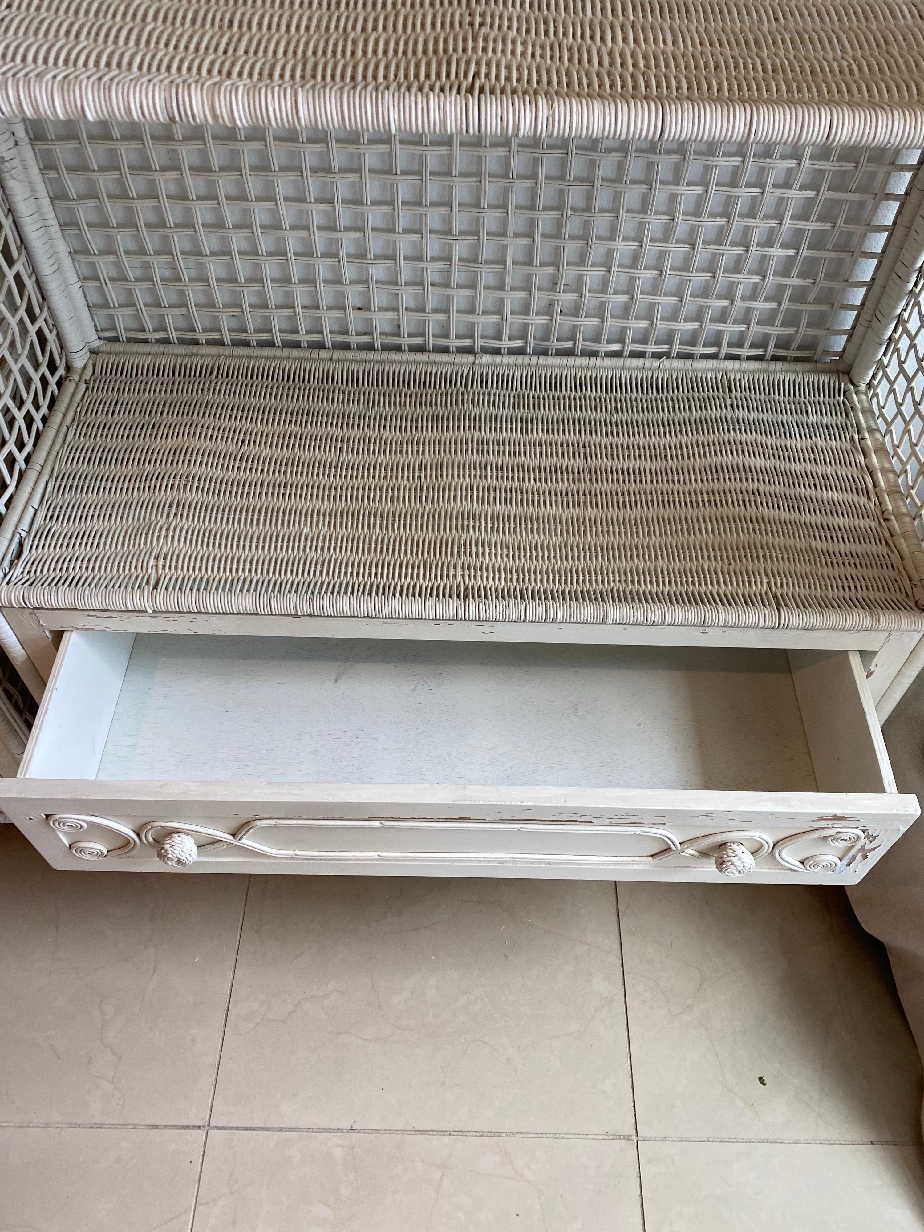 Vintage Wicker Rattan White Pagoda Moroccan Top Pair Etageres Shelves & Drawers 2