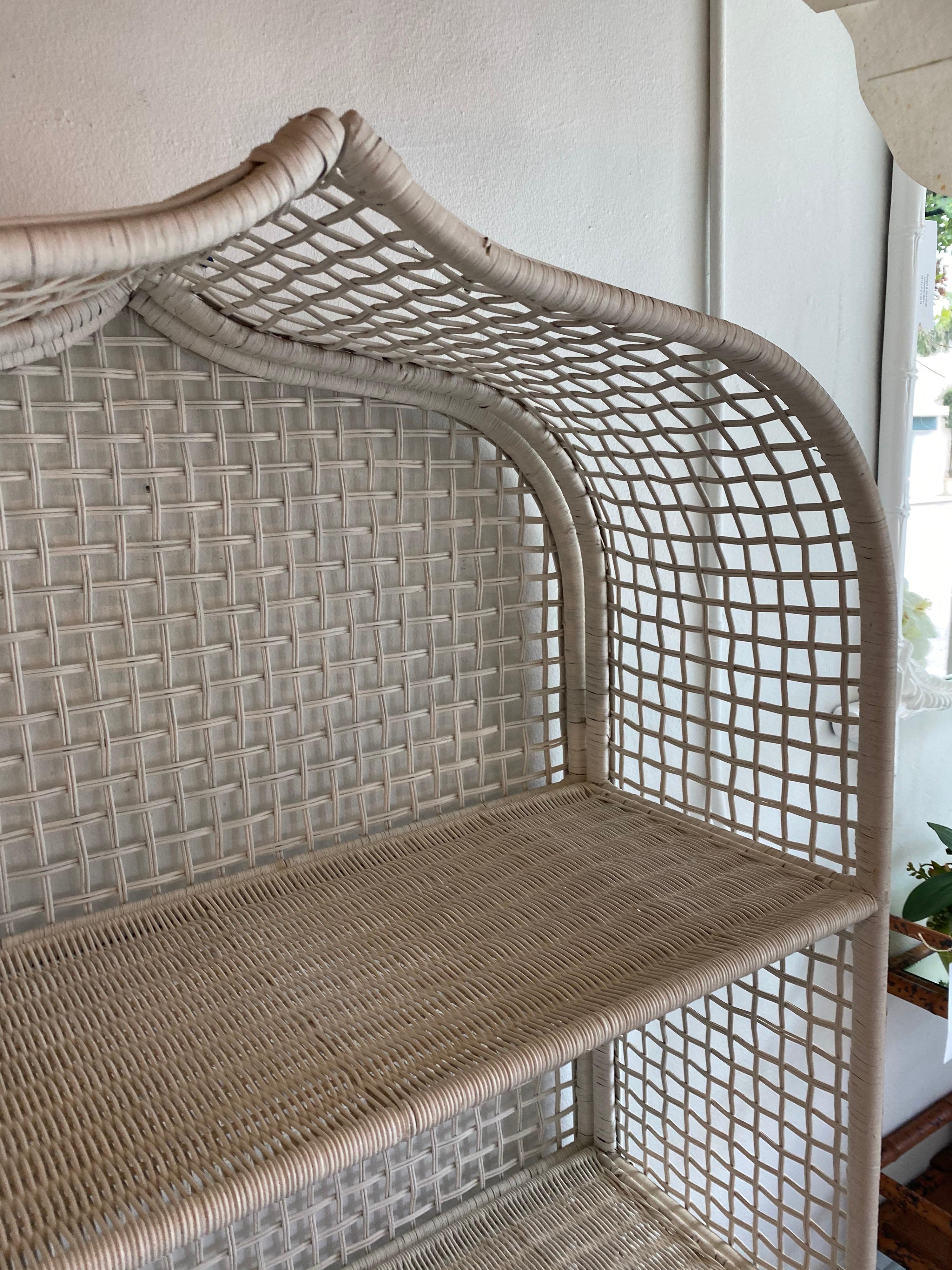 Vintage Wicker Rattan White Pagoda Moroccan Top Pair Etageres Shelves & Drawers 3