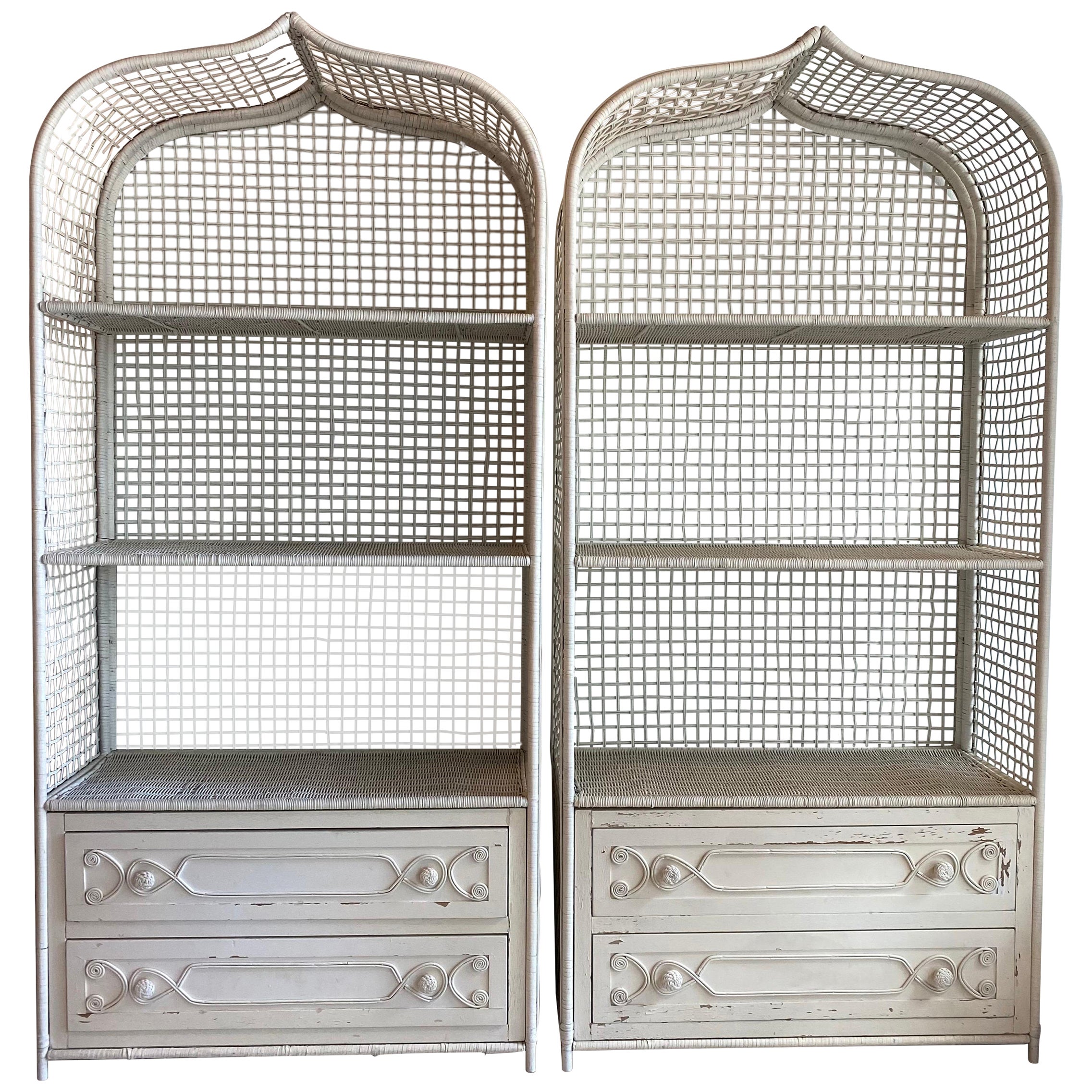 Vintage Wicker Rattan White Pagoda Moroccan Top Pair Etageres Shelves & Drawers