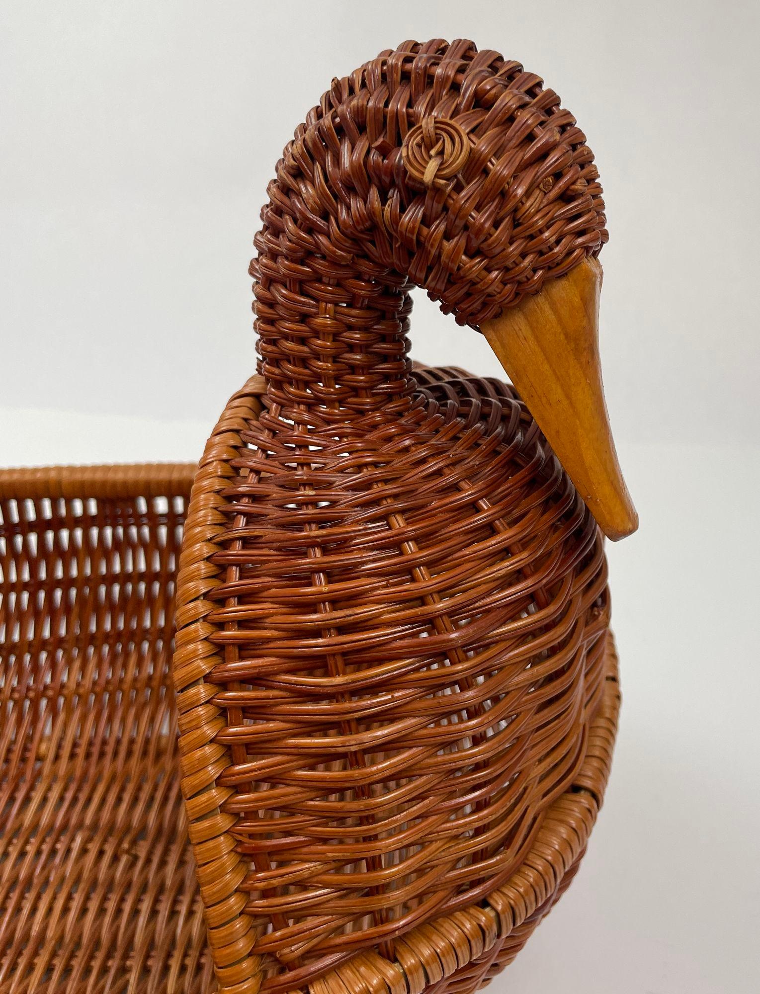 Hand-Crafted Vintage Wicker Rattan Woven Duck Motif Basket For Sale