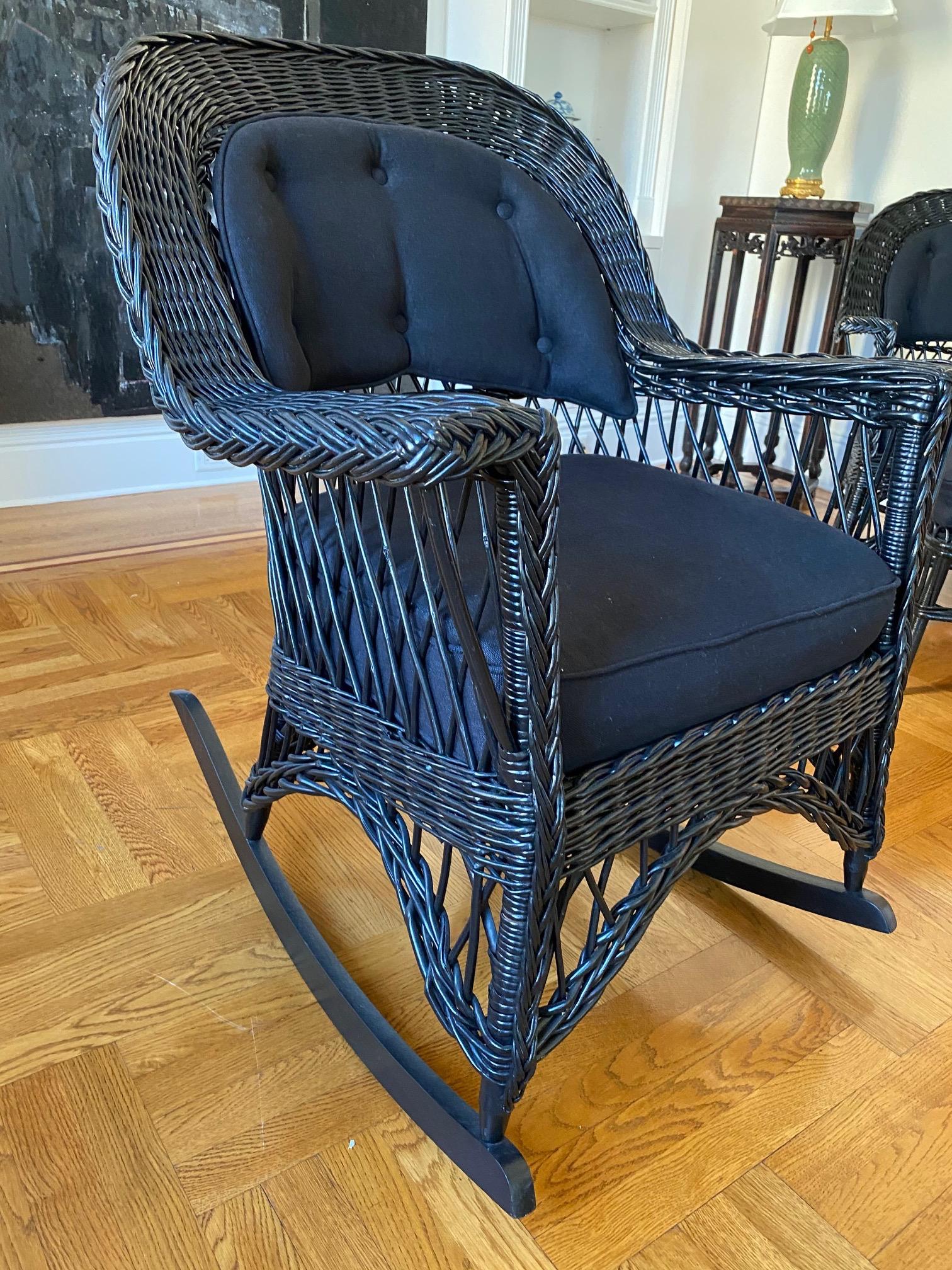 Vintage Wicker Rocking Chair in Black Finish, 20th Century In Good Condition In Southampton, NY