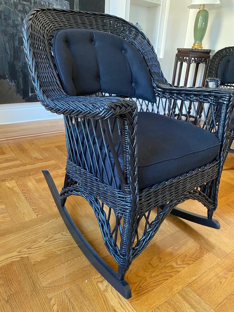 Vintage Wicker Rocking Chair in Black Finish, 20th Century at 1stDibs