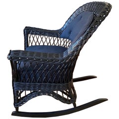 Antique Wicker Rocking Chair in Black Finish, 20th Century