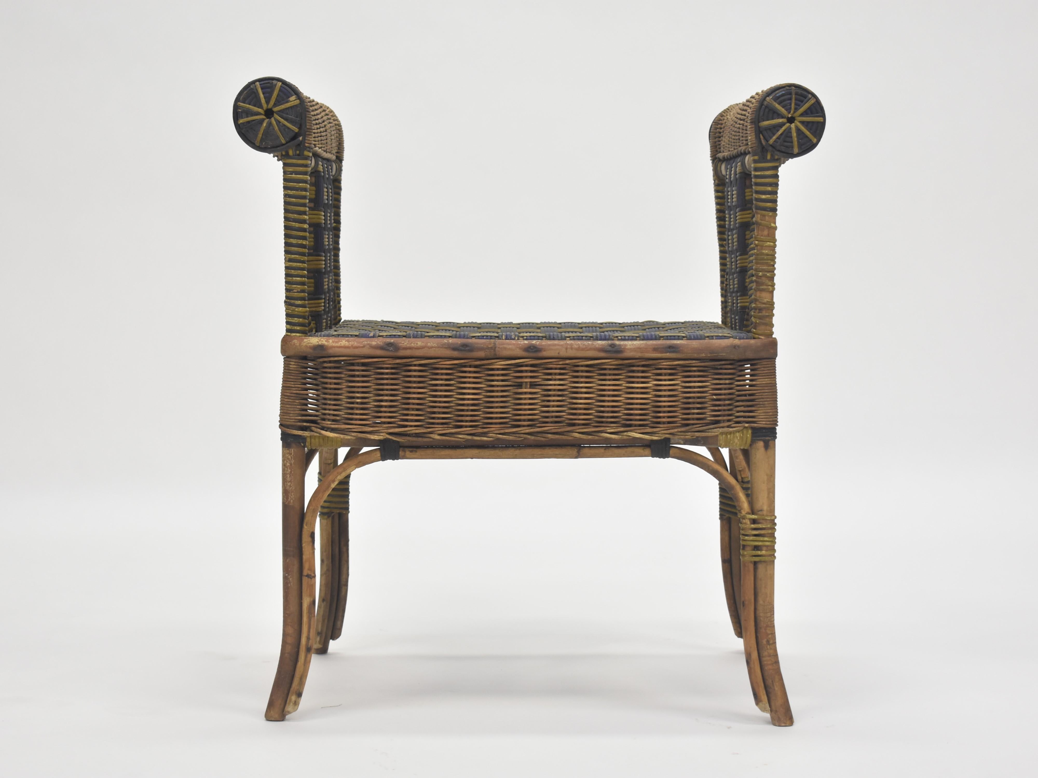 Egyptian Revival Vintage Wicker Scroll Arm Stool For Sale