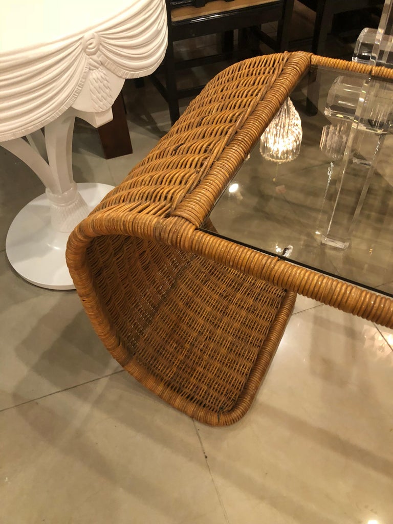 Vintage Wicker Scroll Console Sofa Table For Sale at 1stdibs
