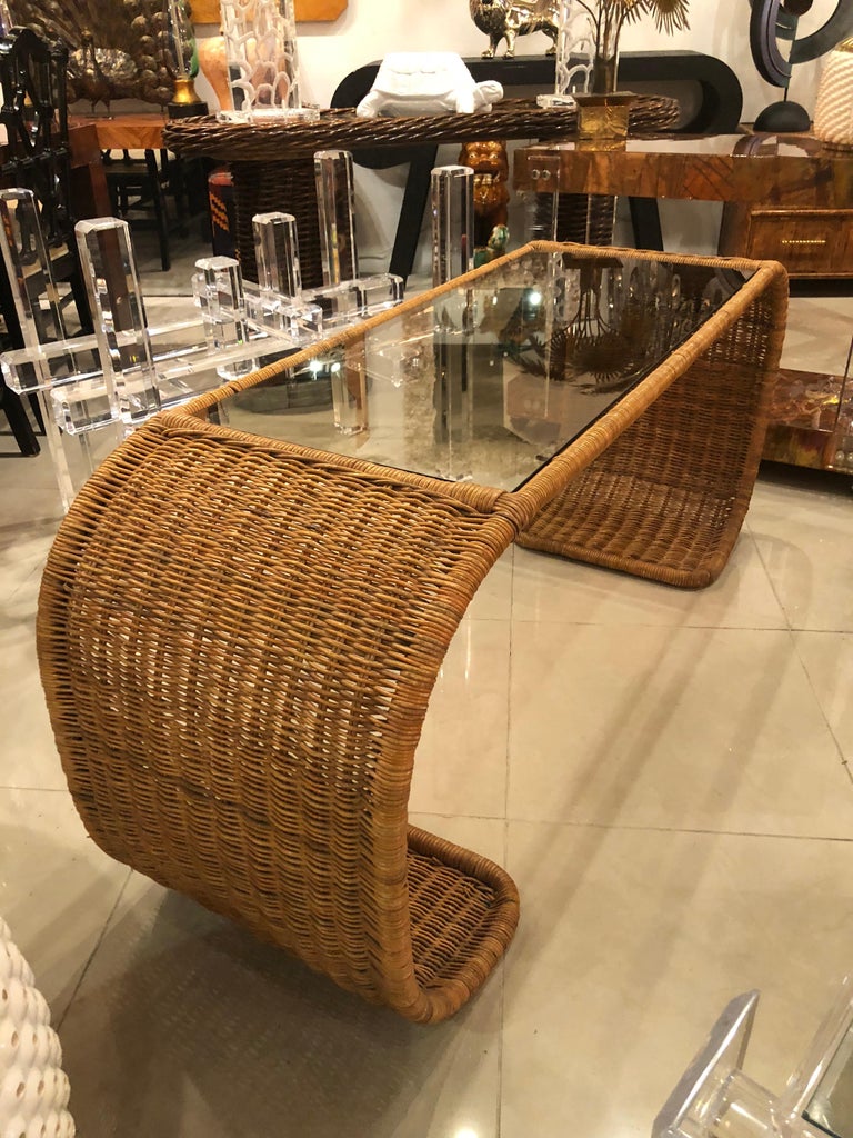 Vintage Wicker Scroll Console Sofa Table For Sale at 1stdibs