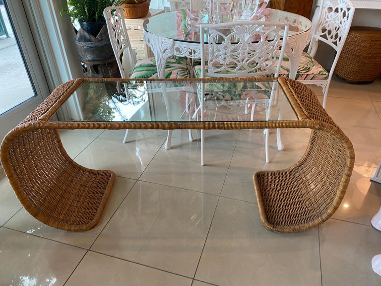 Vintage Wicker Scroll Ming Console Sofa Table New Glass Top For Sale 5