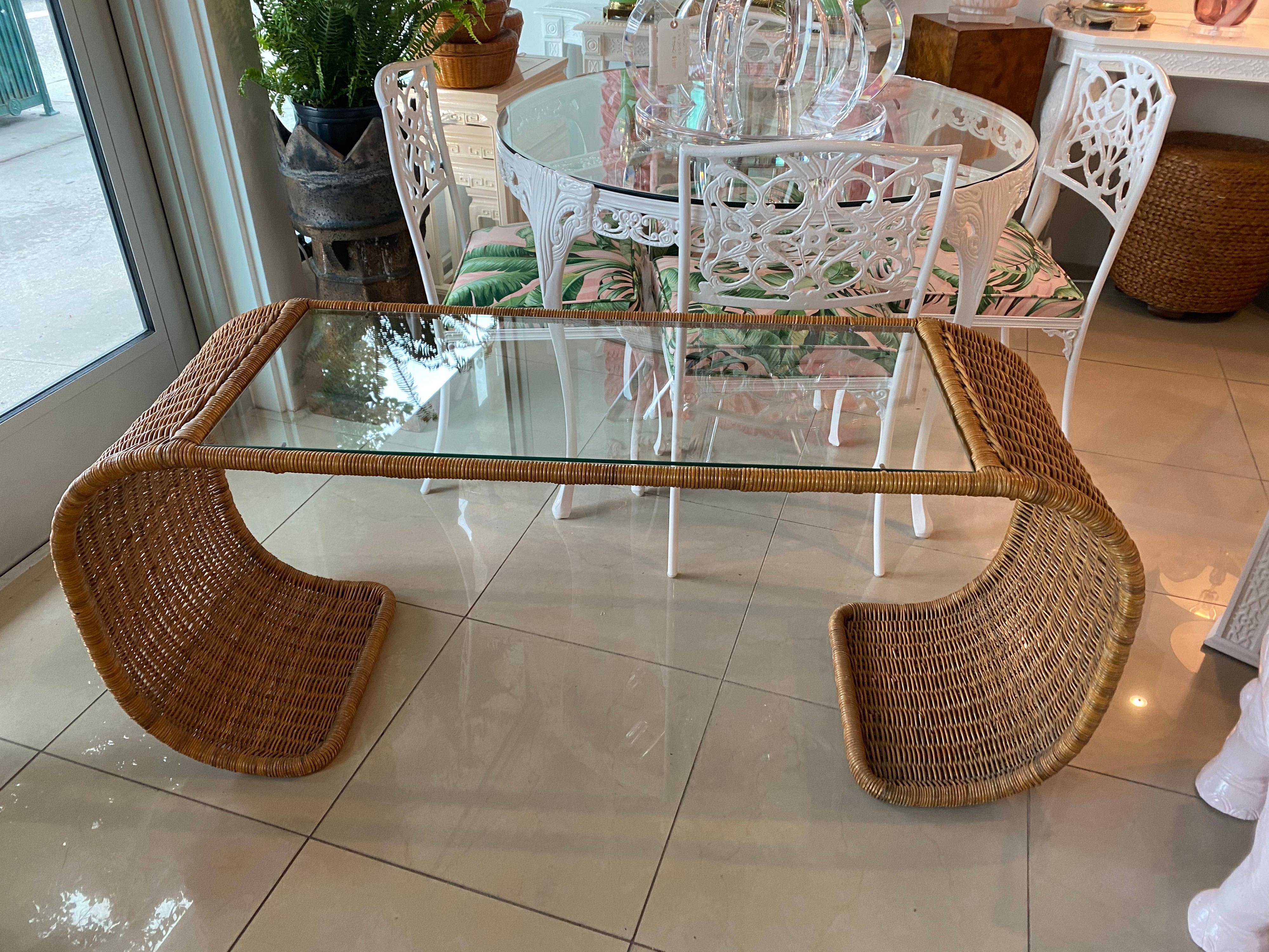 Vintage Wicker Scroll Ming Console Sofa Table New Glass Top For Sale 3