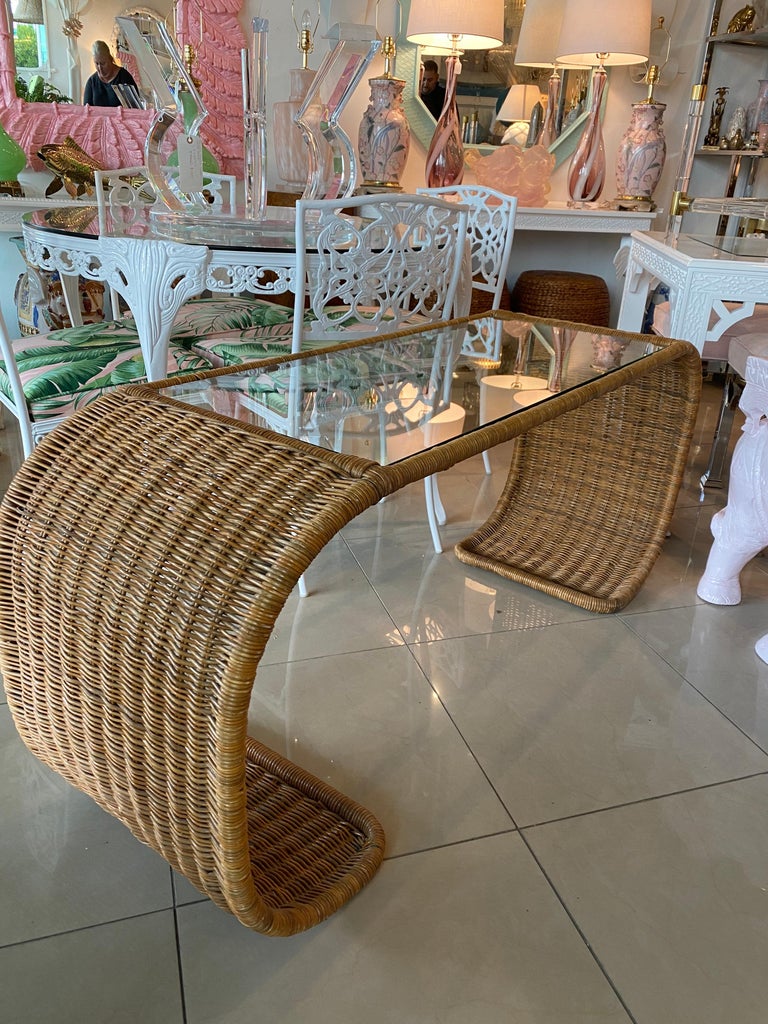 Vintage Wicker Scroll Ming Console Sofa Table New Glass Top In Good Condition For Sale In West Palm Beach, FL