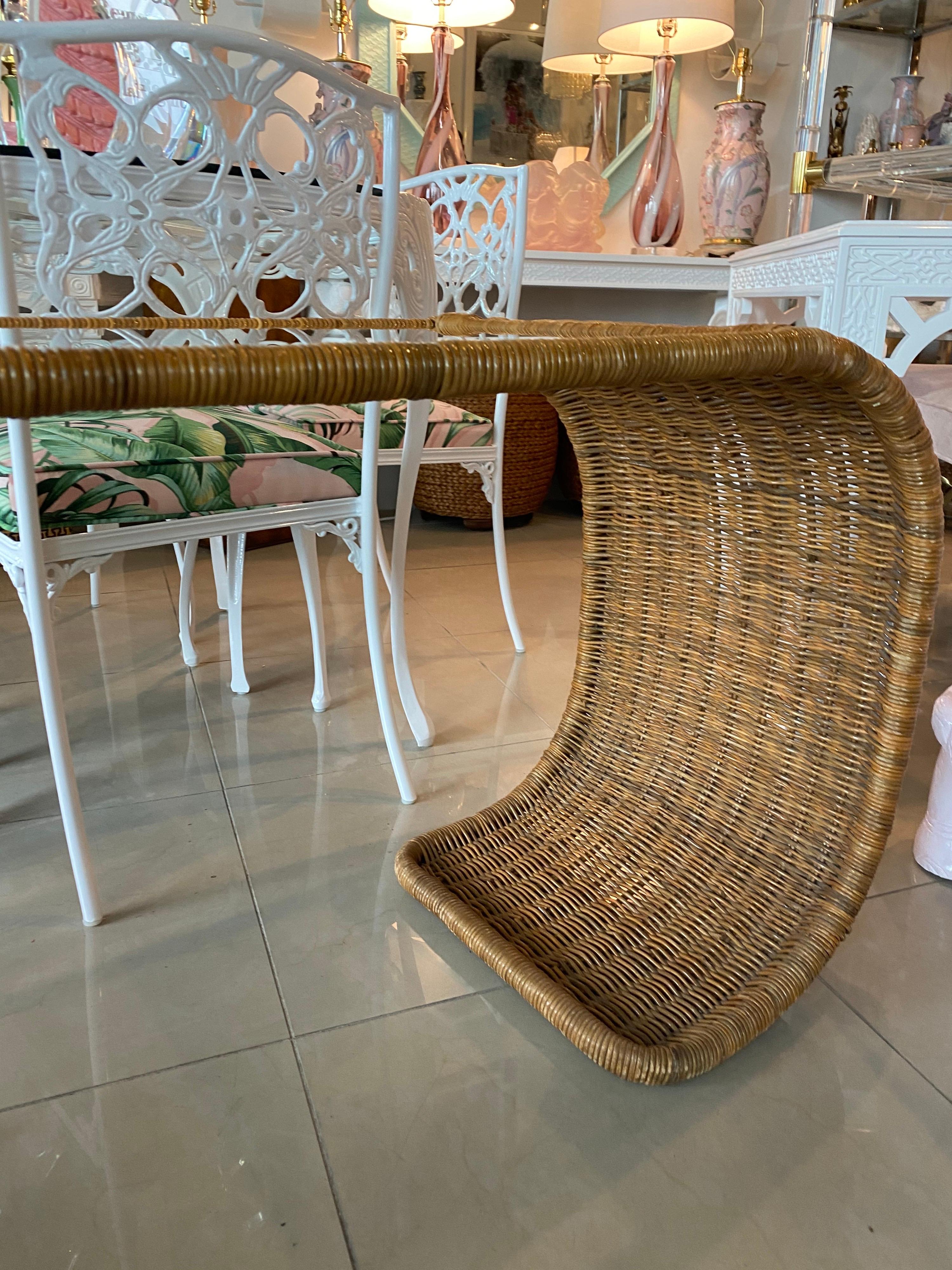 Vintage Wicker Scroll Ming Console Sofa Table New Glass Top In Good Condition For Sale In West Palm Beach, FL