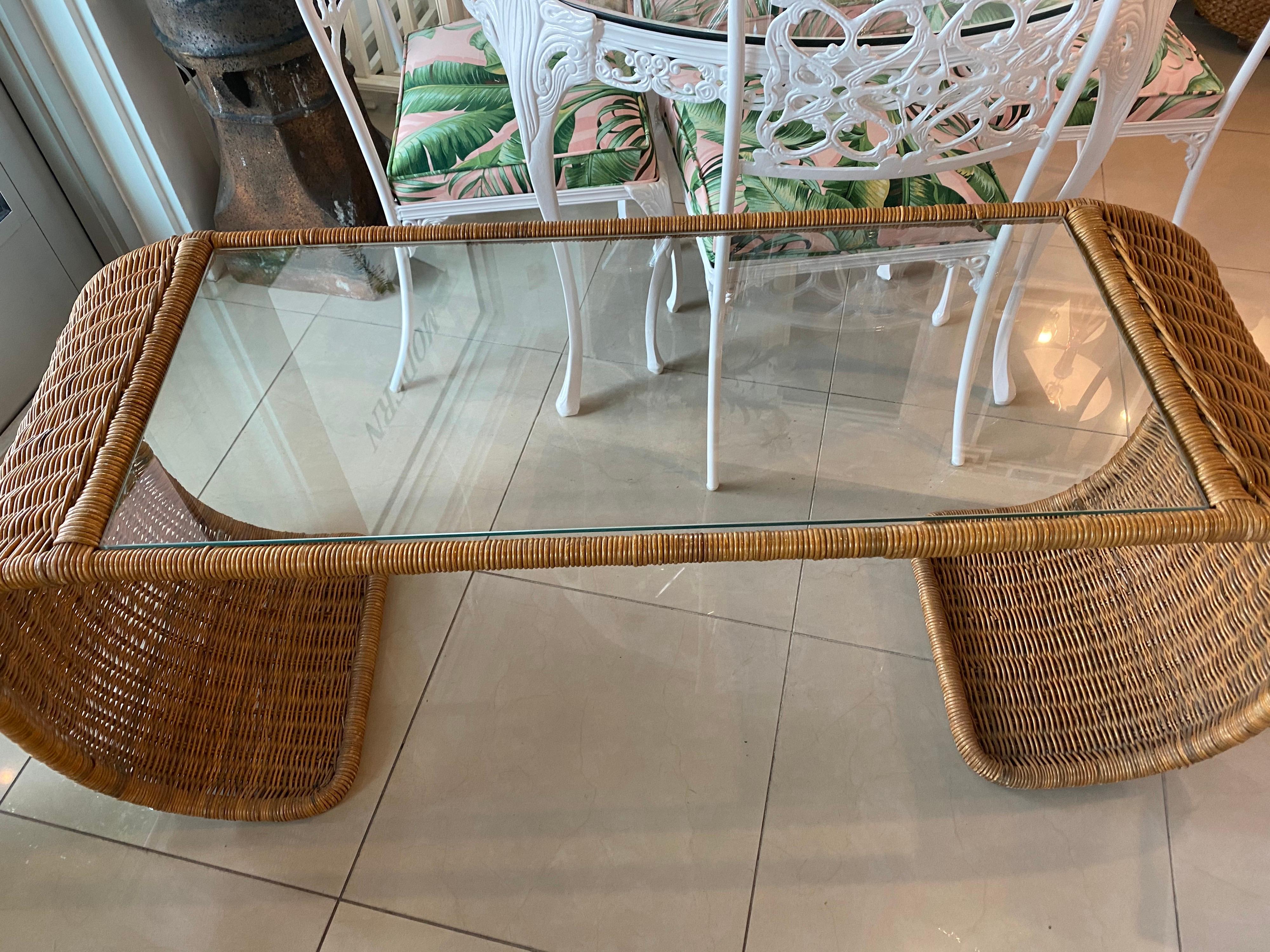 Vintage Wicker Scroll Ming Console Sofa Table New Glass Top For Sale 1
