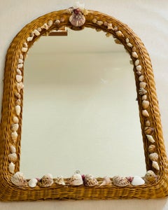 Vintage Wicker Sea Shell Encrusted Coastal Mirror