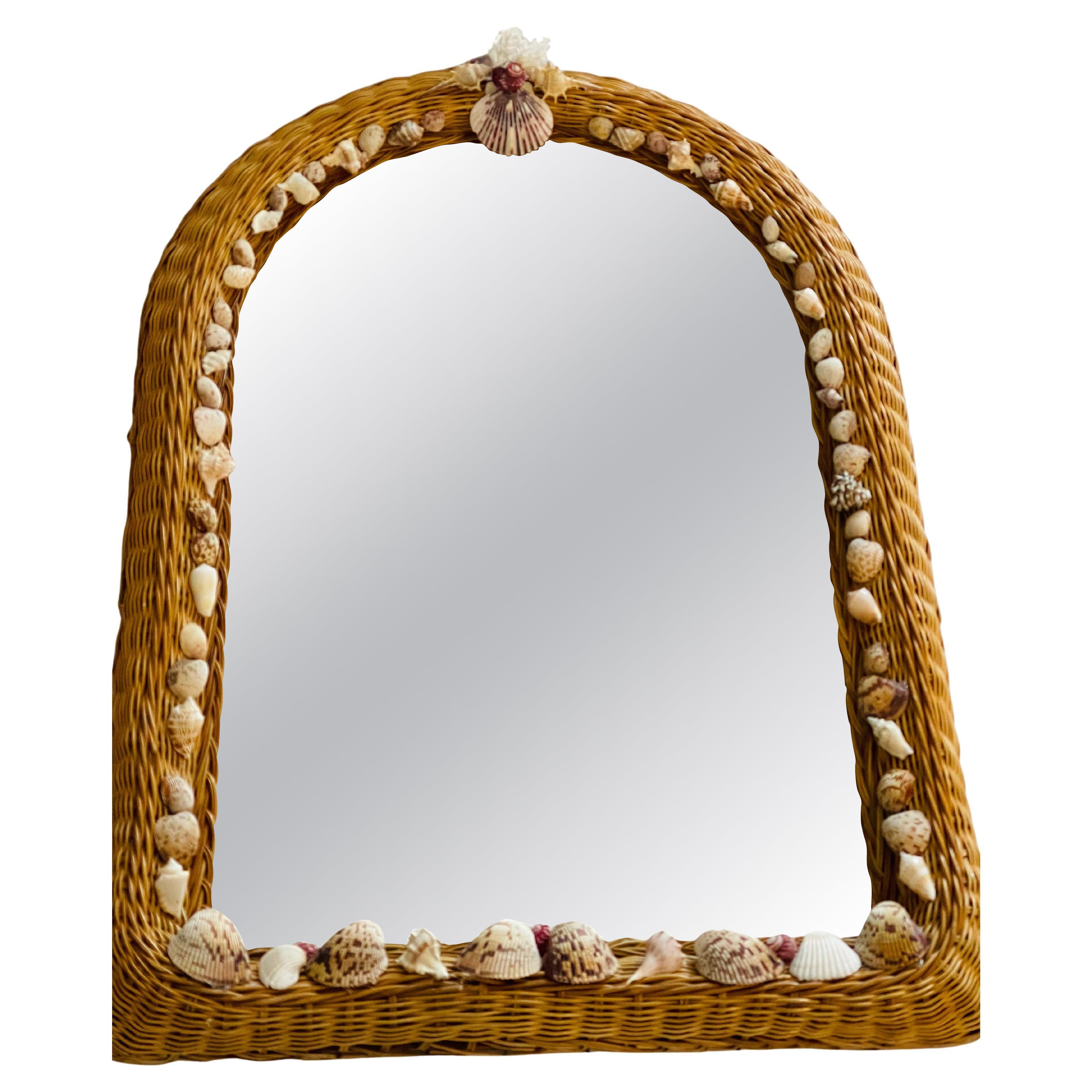 Vintage Wicker Sea Shell Encrusted Coastal Mirror
