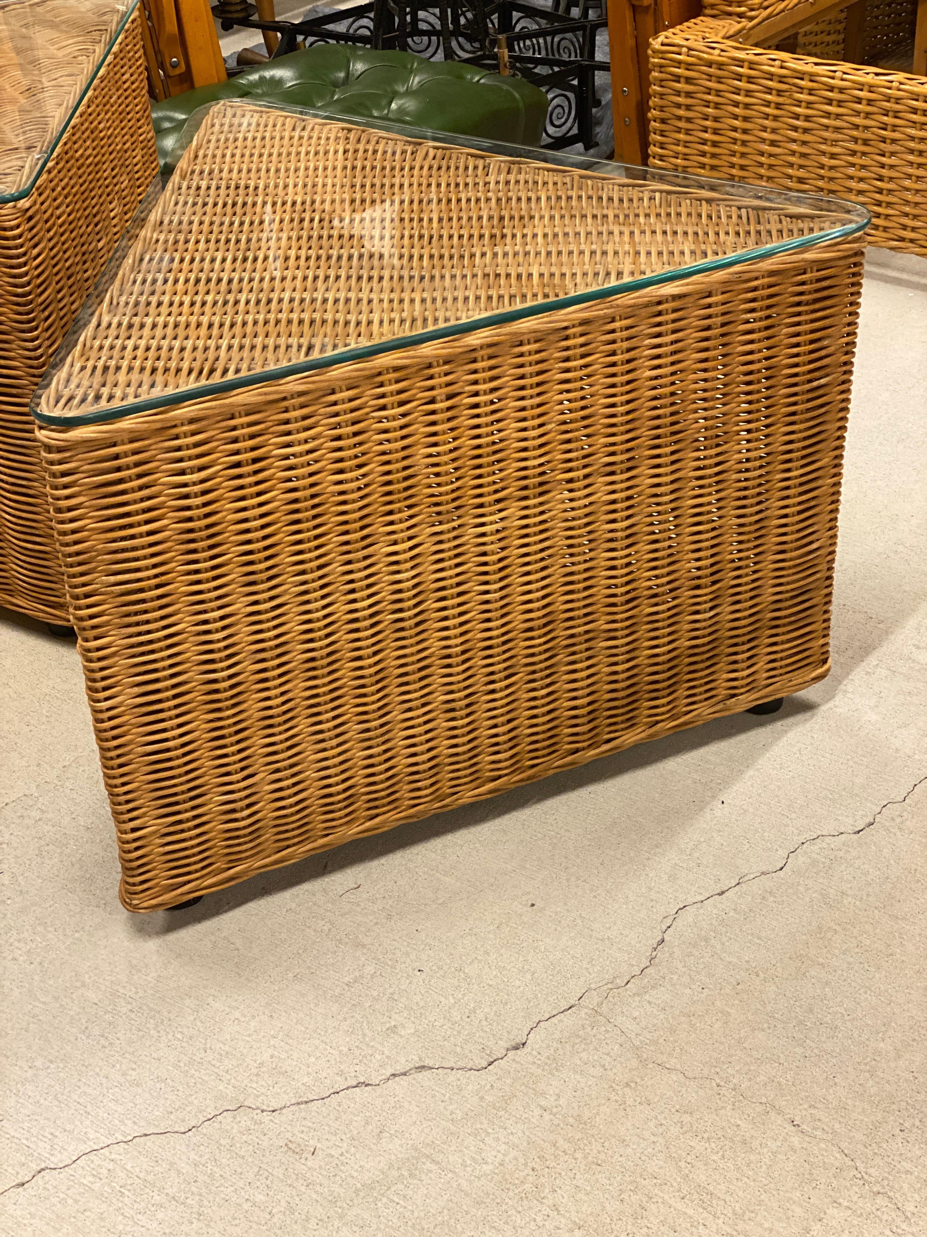 Vintage Wicker Side Tables, Triangle Shape, Sold Separately In Good Condition In Austin, TX