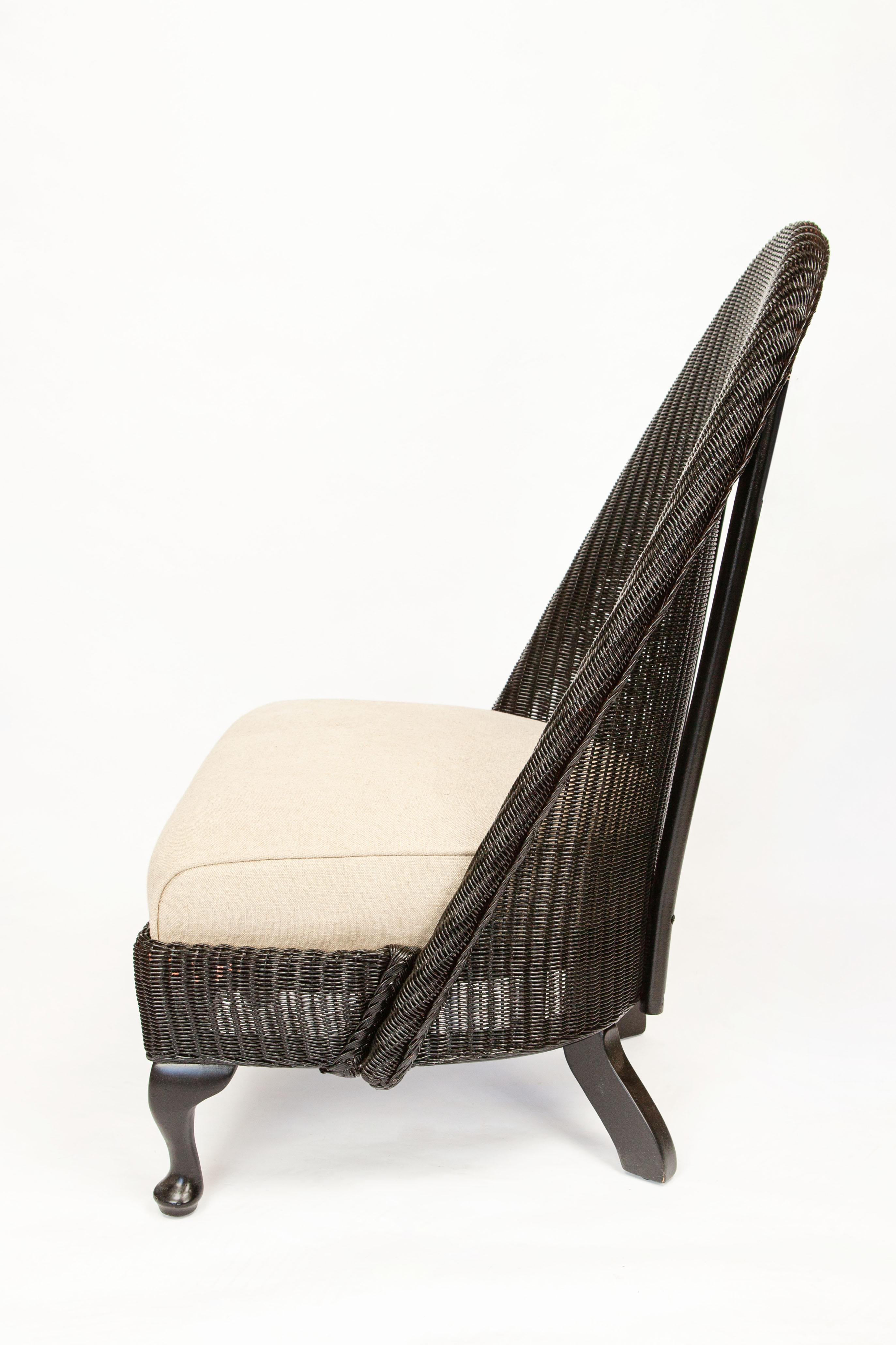 Antique Lloyd Loom Wicker Slipper Chair, Newly Painted in Black Lacquer In Excellent Condition In Pasadena, CA