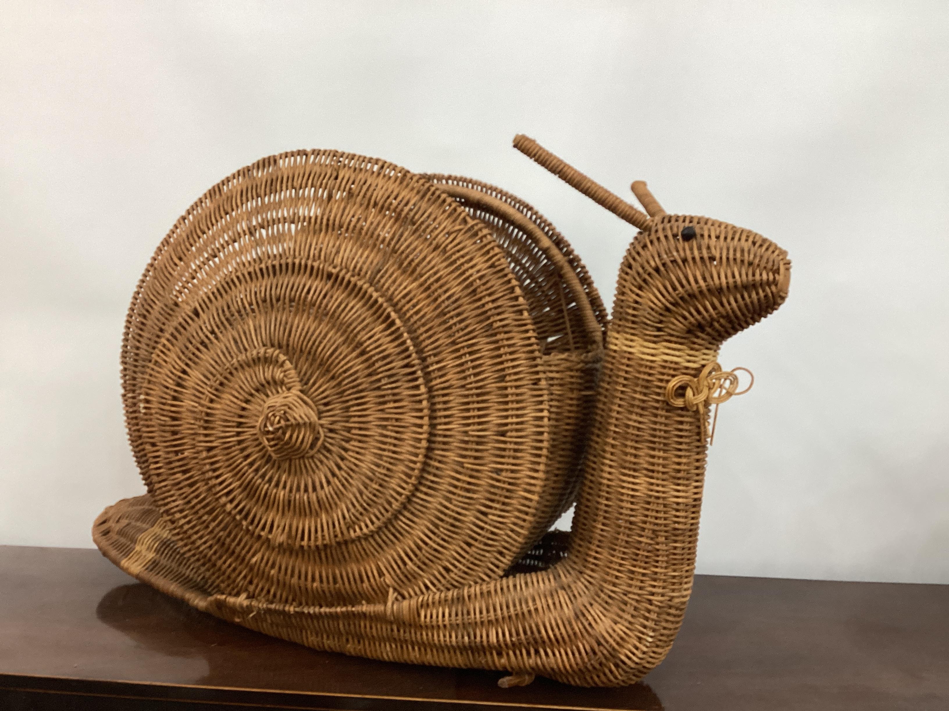 A fun and whimsical woven wicker magazine rack.